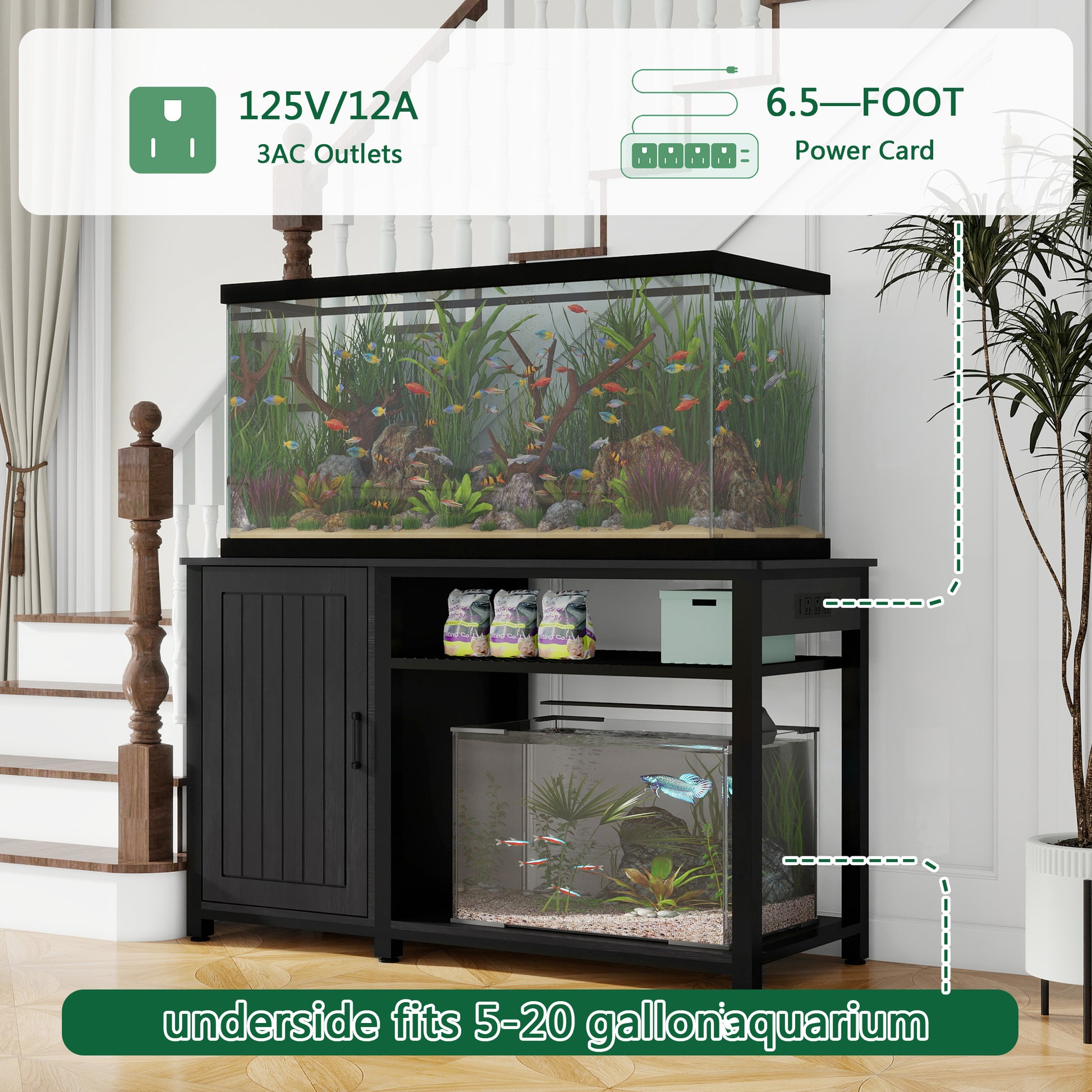 Heavy Duty 55 75 Gallon Aquarium Stand With Power Outlets, Cabinet For Fish Tank Accessories Storage Metal Fish Tank Stand Suitable For Fish Tank, Turtle Tank, 880Lbs Capacity, Black 1 2 Shelves Black Adjustable Shelves Particle Board