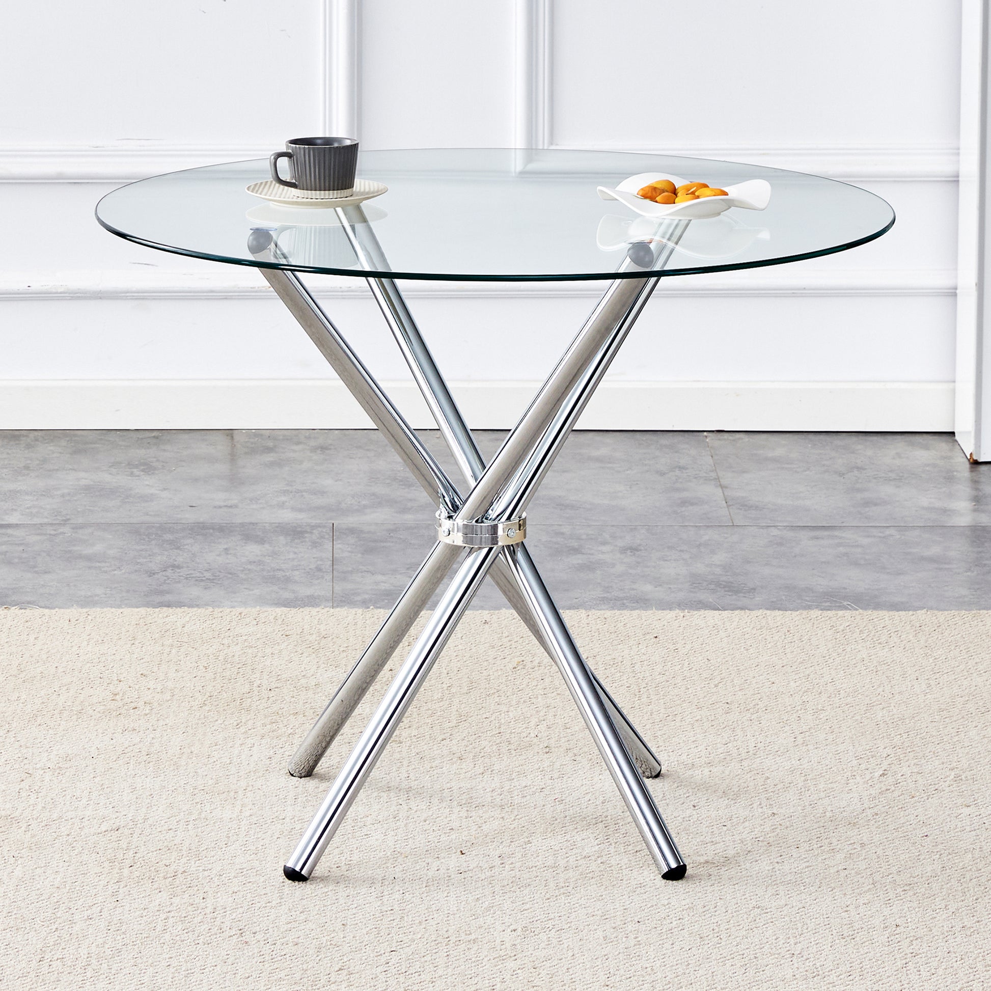 Round Clear Glass Dining Table With A Unique Shape For 4 6 People, With Ring Shaped Gathered Silver Metal Legs, Suitable For Desks, Kitchens, Terraces, Dining Rooms. Silver Glass Metal