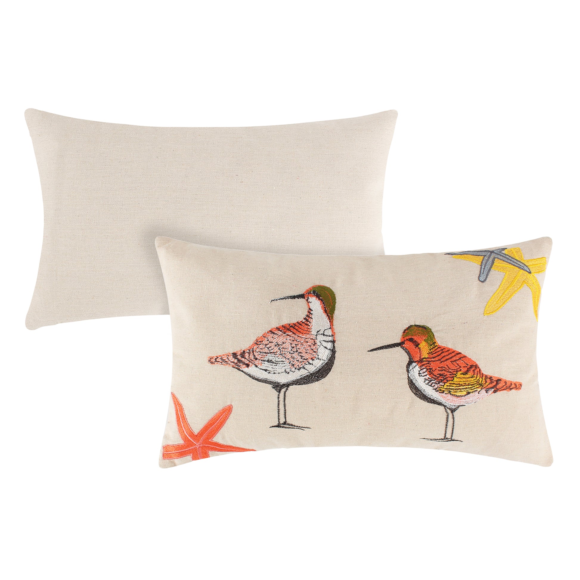 Vira 20 Inch Throw Pillow, Hand Embroidered Shorebirds, Canvas And Linen Multicolor Polyester