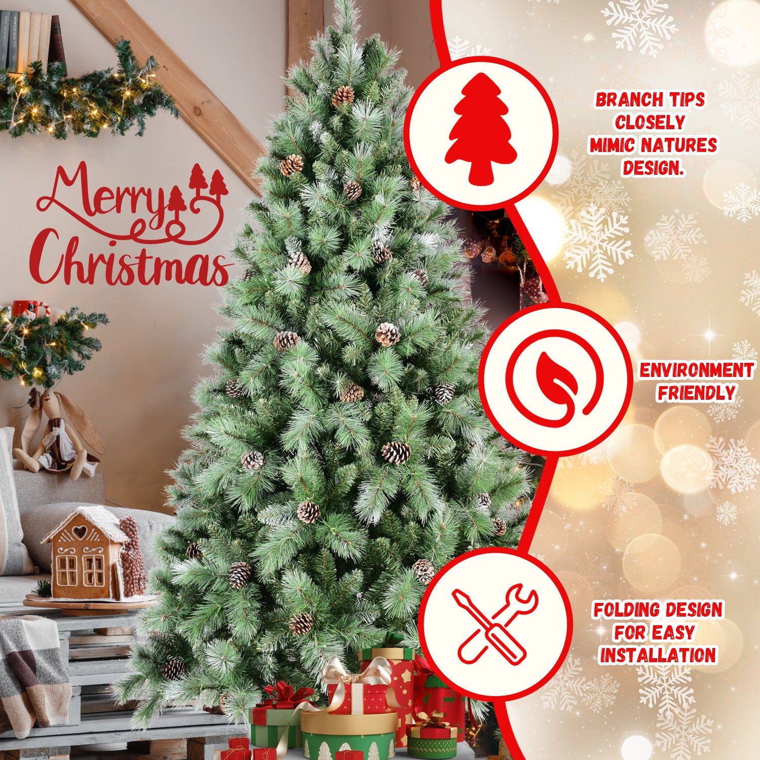 9Ft Scotch Pine Christmas Tree, Premium Frosted Pre Decorated Artificial Holiday Decor W 2,518 Branch Tips, Xmas Trees For Holiday Party Decoration Green Polyvinyl Chloride