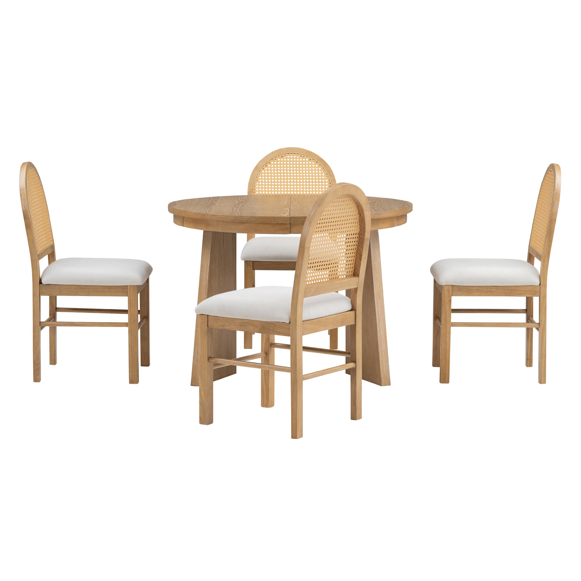 5 Piece Retro Functional Dining Set With 1 Extendable Dining Table And 4 Upholstered Chairs With Rattan Backrests For Dining Room And Kitchen Natural Wood Wash Natural Wood Wash Solid Wood Mdf