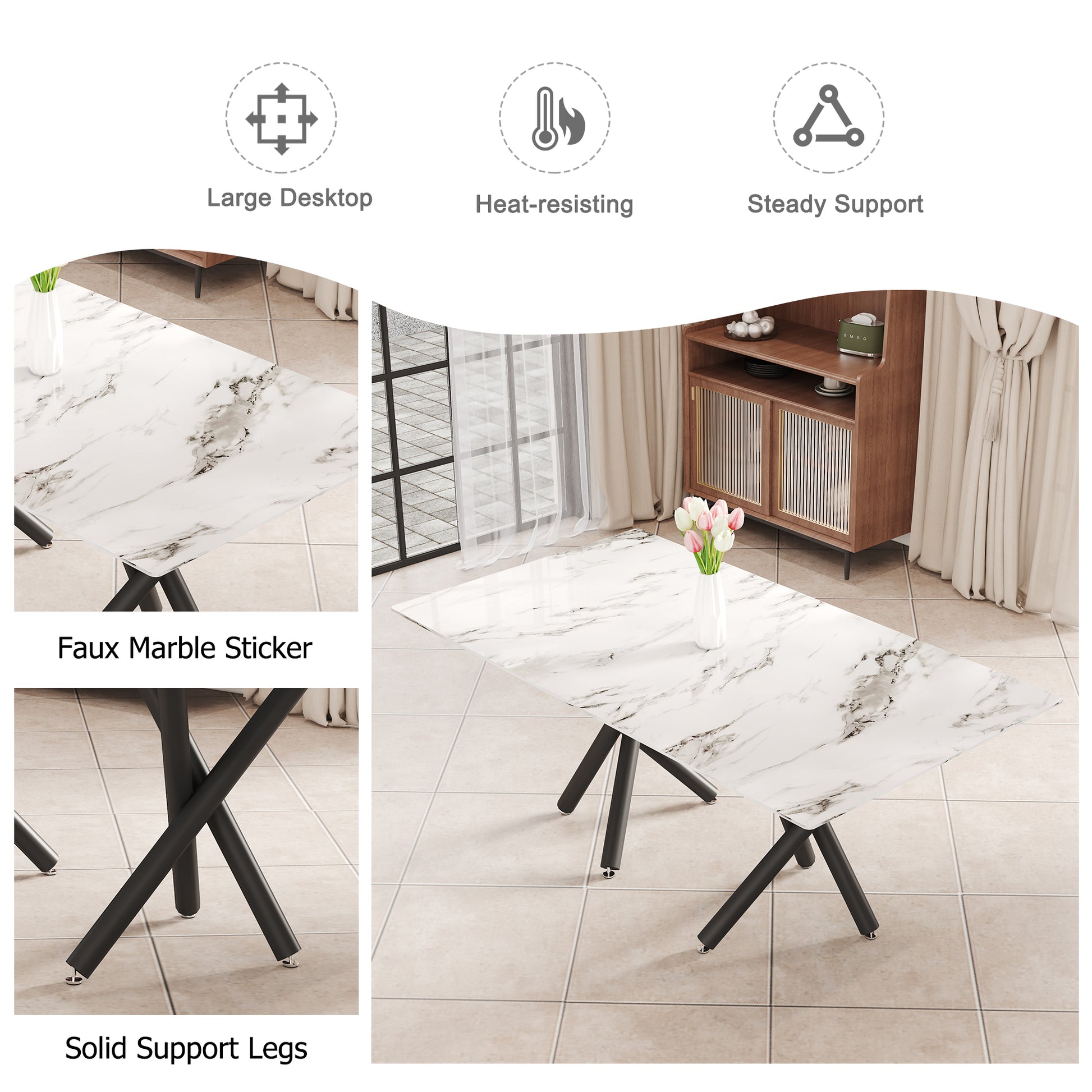 Large Modern Minimalist Rectangular Glass Dining Table, Suitable For 6 8 People, 0.39 Inch Imitation Marble Tabletop And Black Metal Legs, Used For Kitchen, Dining Room, Living Room, Conference Room. White Black Glass