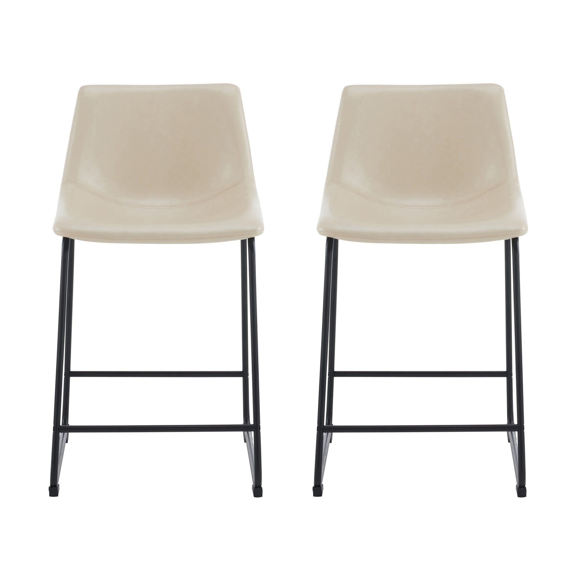 Set Of 2 Vintage Style 24 Inch Armless Industrial Faux Leather Counter Stool With Metal Legs And Footrest For Kitchen Island, Cafe, Pub, Bar Counter, Cream And Black Iron Black Cream Dining Room Powder Coated Foam Wipe Clean Square Vintage Solid Back Set