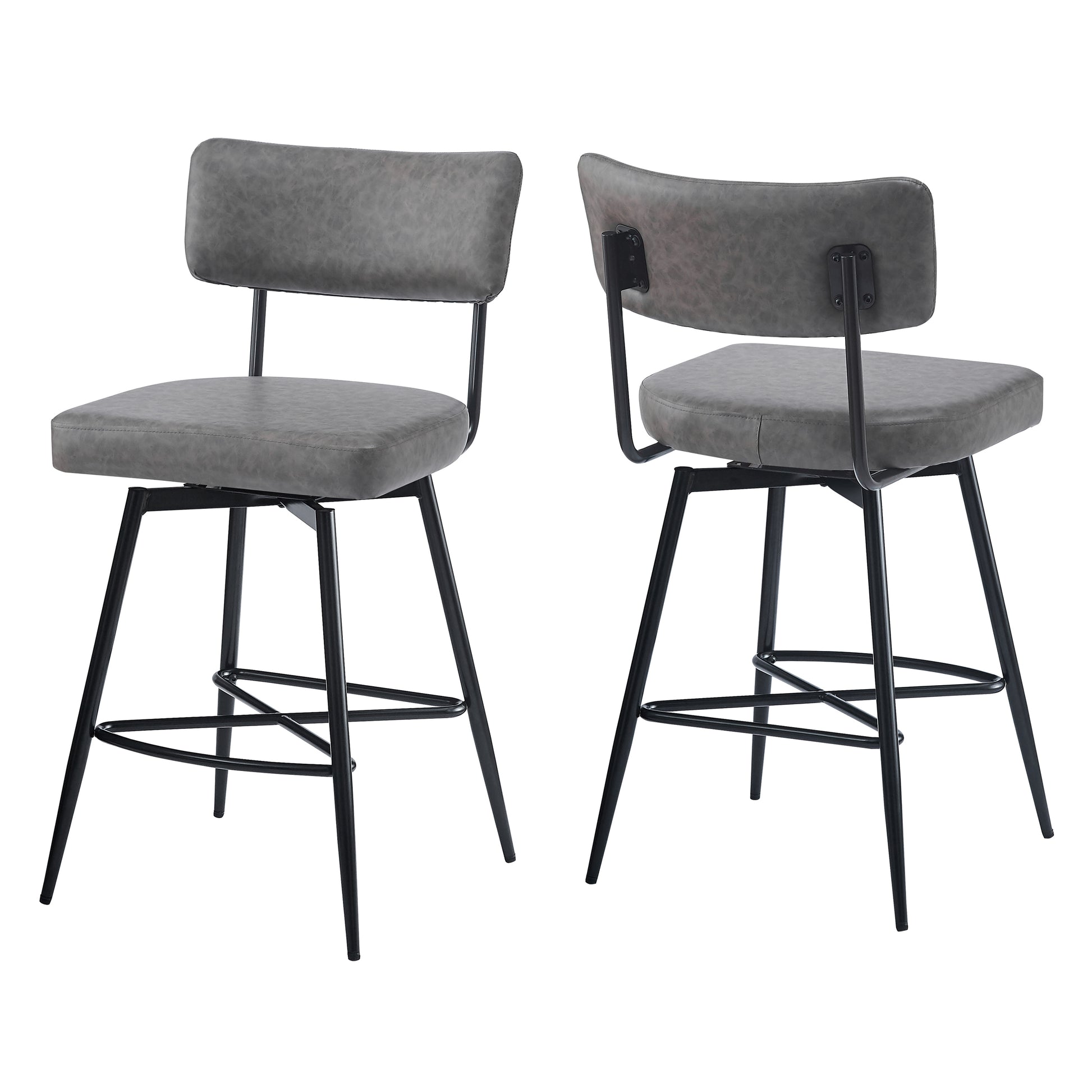 26''Retro Swivel Counter Stools Set Of 2,Grey Counter Stools With Iron Frame,Pu Sponge Cushion,Footrest,Suitable For Kitchen Bedroom Dining Room. Iron Grey Kitchen Sponge Retro Set Of 2 Fiber Foam