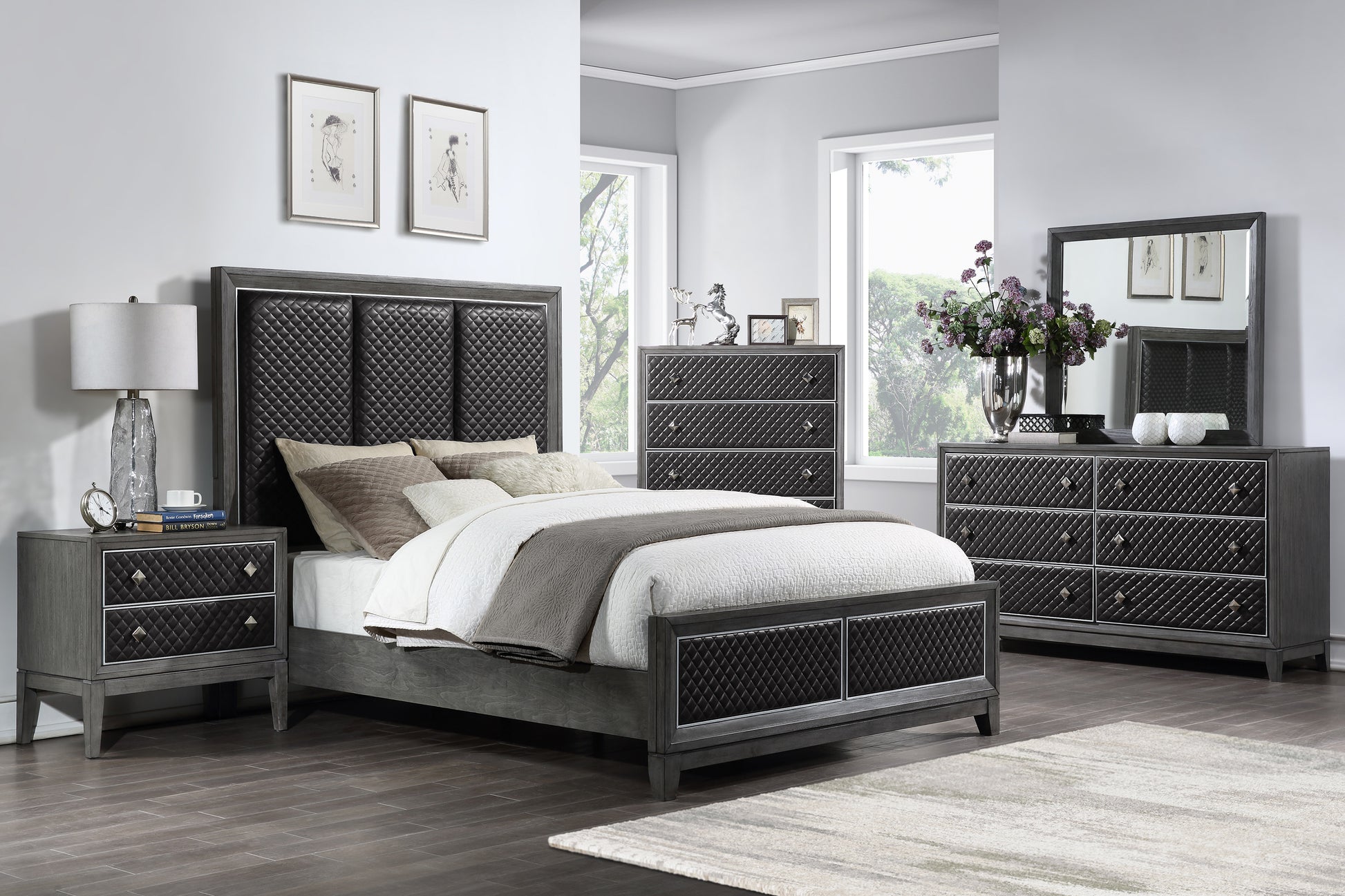 Modern Bedroom 1Pc Queen Size Bed Diamond Patterned Gray Faux Leather Headboard Footboard Classic Design Wooden Furniture Box Spring Required Queen Gray Wood Bedroom Modern Panel Faux Leather Wood