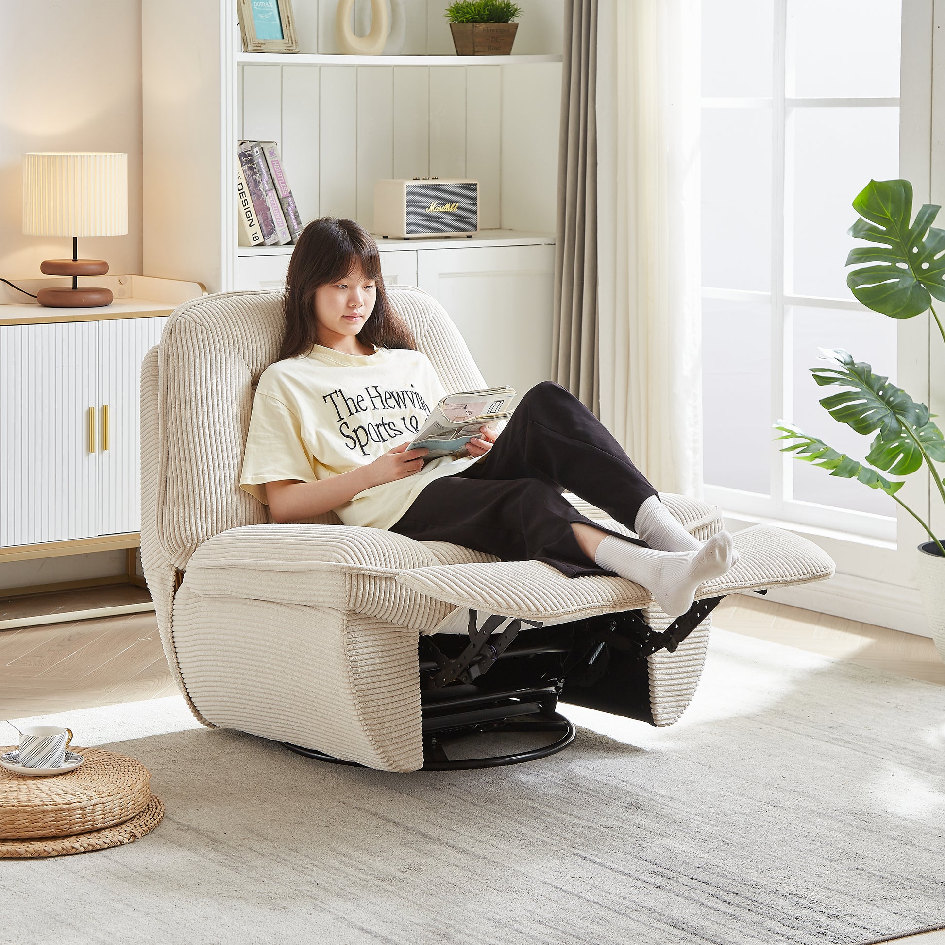 Video 360 Degree Corduroy Swivel Upholstered Manual Recliner Chair,Theater Recliner Sofa,Nursery Glider Rocker For Living Room Beige Corduroy