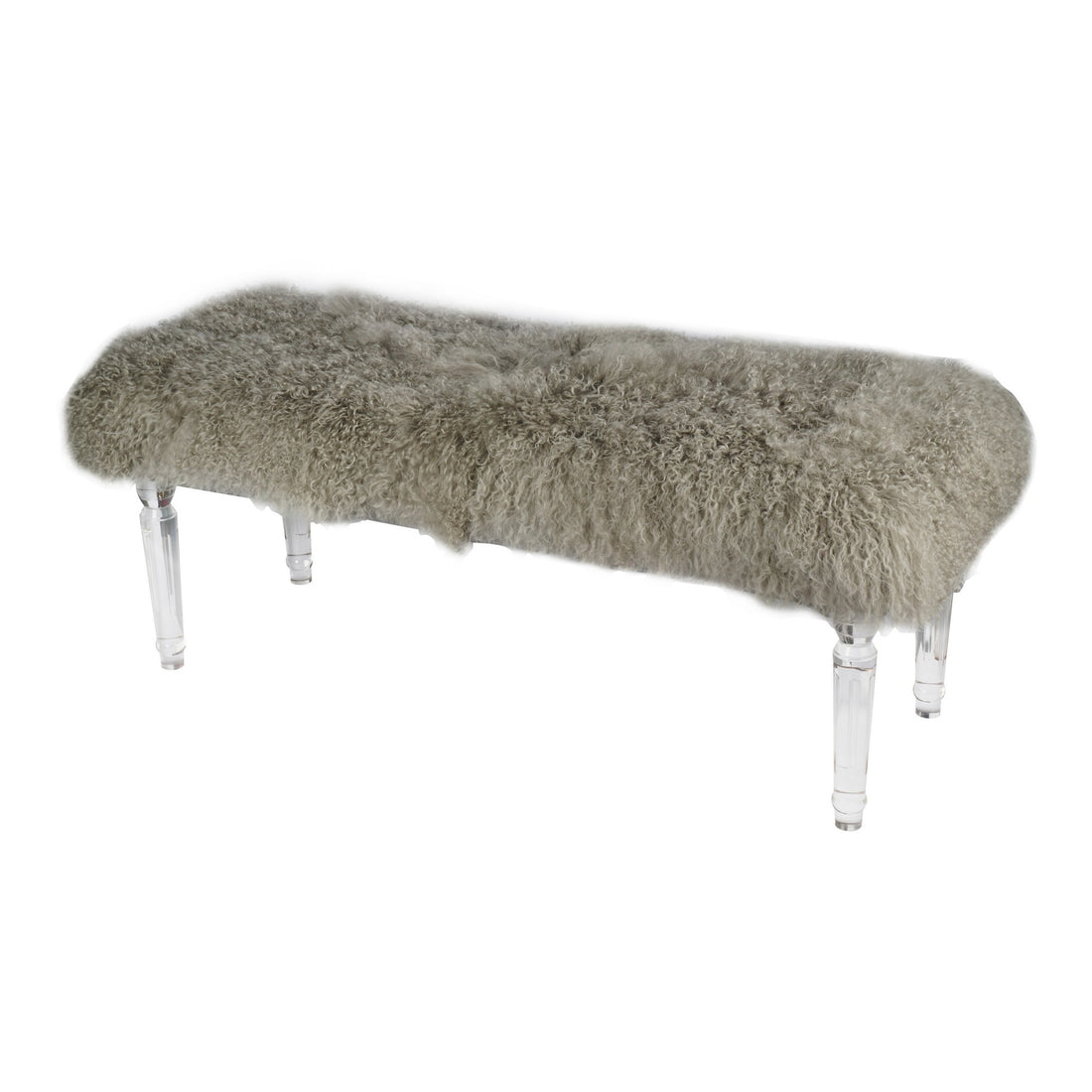 49 Inch Accent Bench, Faux Fur Seat, Clear Acrylic Legs, Smooth Rich Brown Brown Wood