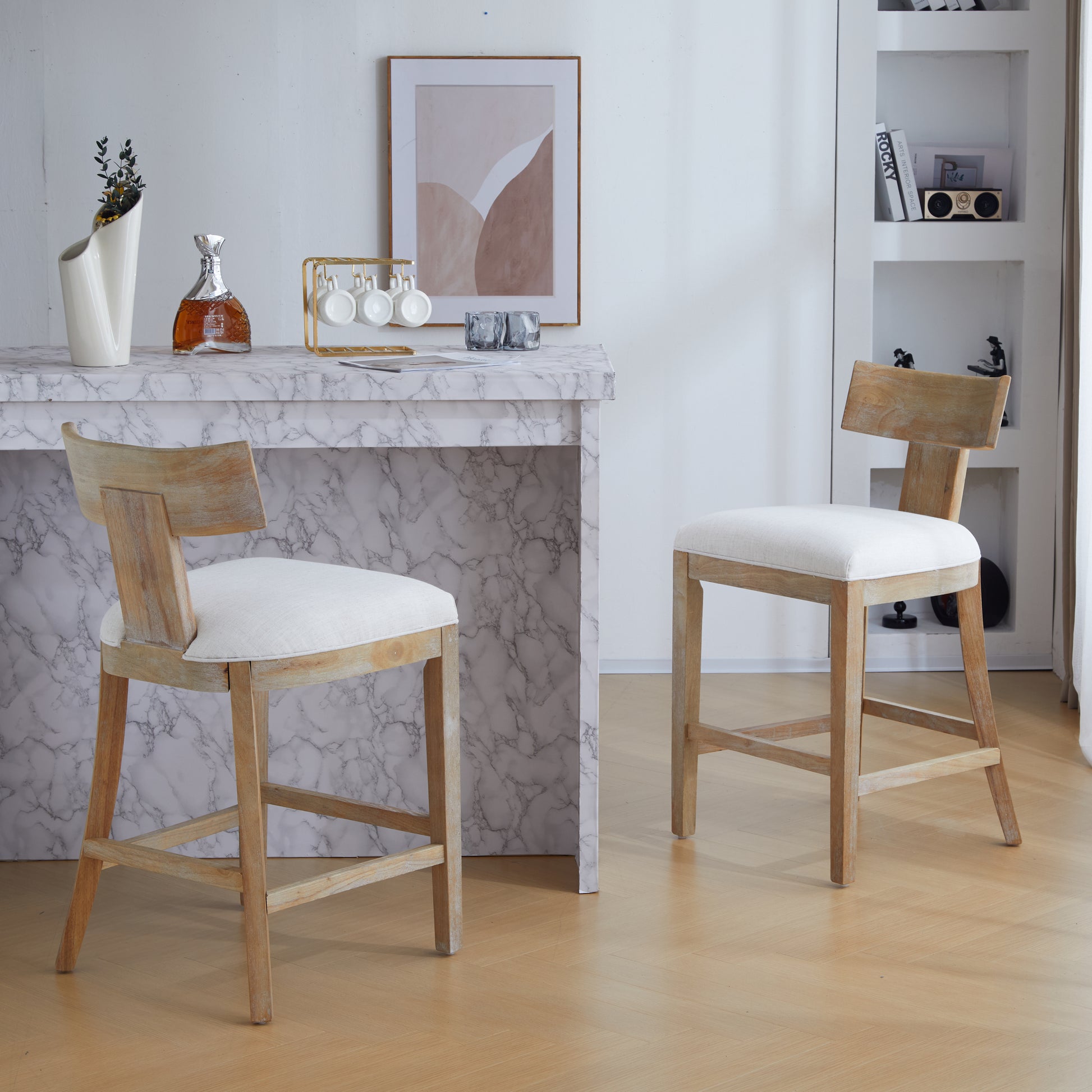 27" Counter Stools Set Of 2, Upholstered Counter Height Bar Stools With Solid Rubber Wood Frame, Backrest, Footrest, Armless Barstools For Home Bar, Kitchen Counter, Beige & Natural Beige Natural Foam Set Of 2 Fabric