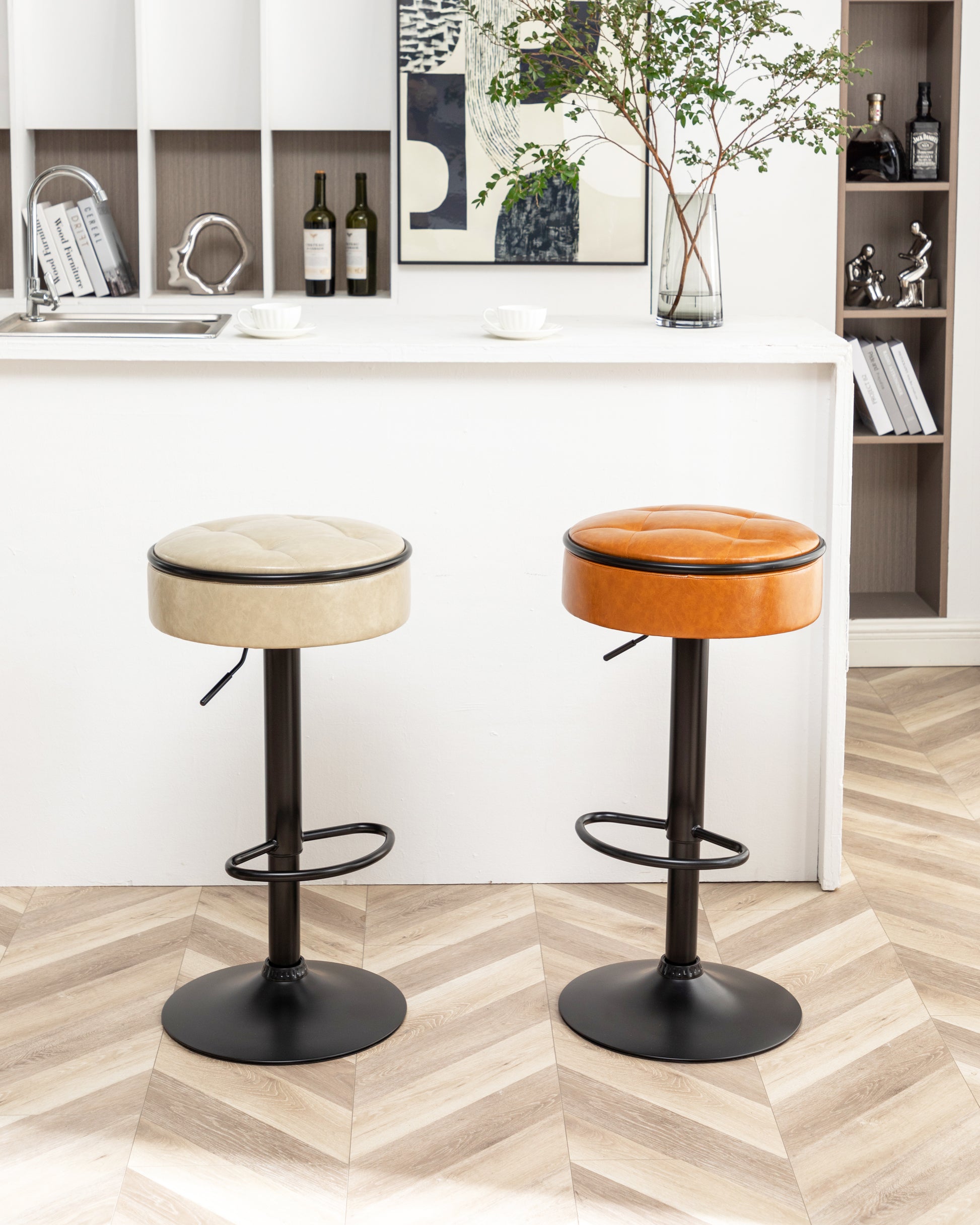 Round Storage Bar Stool Set Of 2, Brown Faux Leather Height Adjustable Barstool, 360 Counter Height Swivel Stool, Armless Bar Chair With Metal Frame For Kitchen Counter Dining Living Room Brown Set Of 2 Foam Pu Leather
