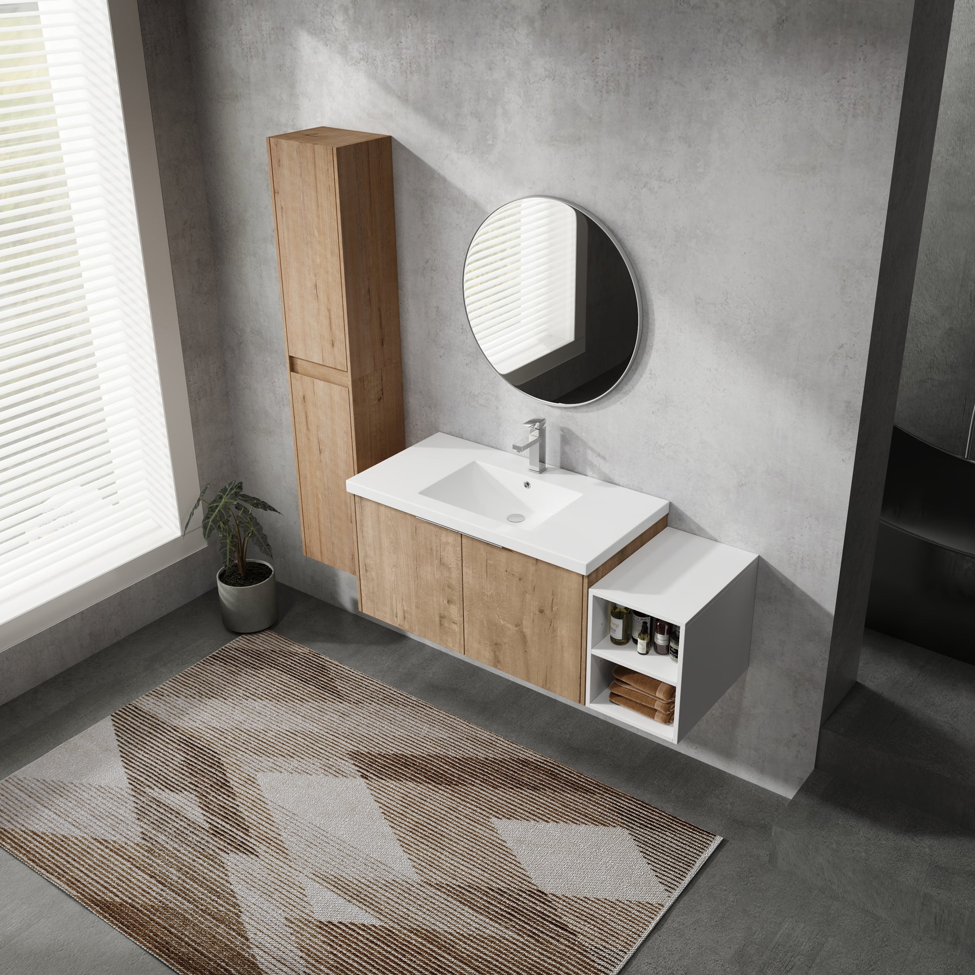 48" Wall Mounted Bathroom Vanity With Sink And Side Cabinet, Soft Close Doors,00112Imox2 0636Imo 0612Gwh Combination Cabinet Kd Packing Imitative Oak Bathroom Modern Plywood Plywood