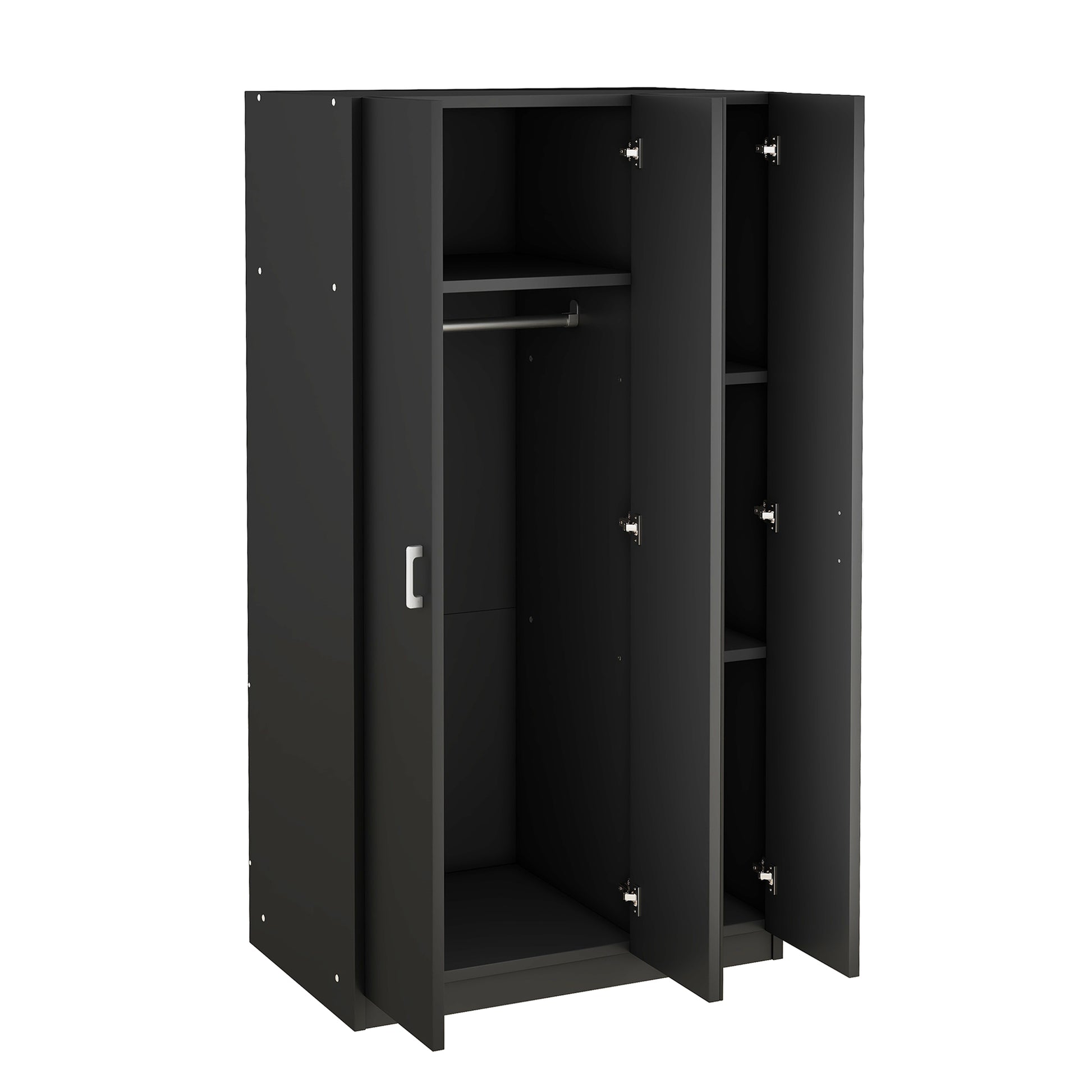 3 Door Wardrobe With Mirror, Armoire With Hanging Rod And 3 Fixed Shelves,Black Black Particle Board