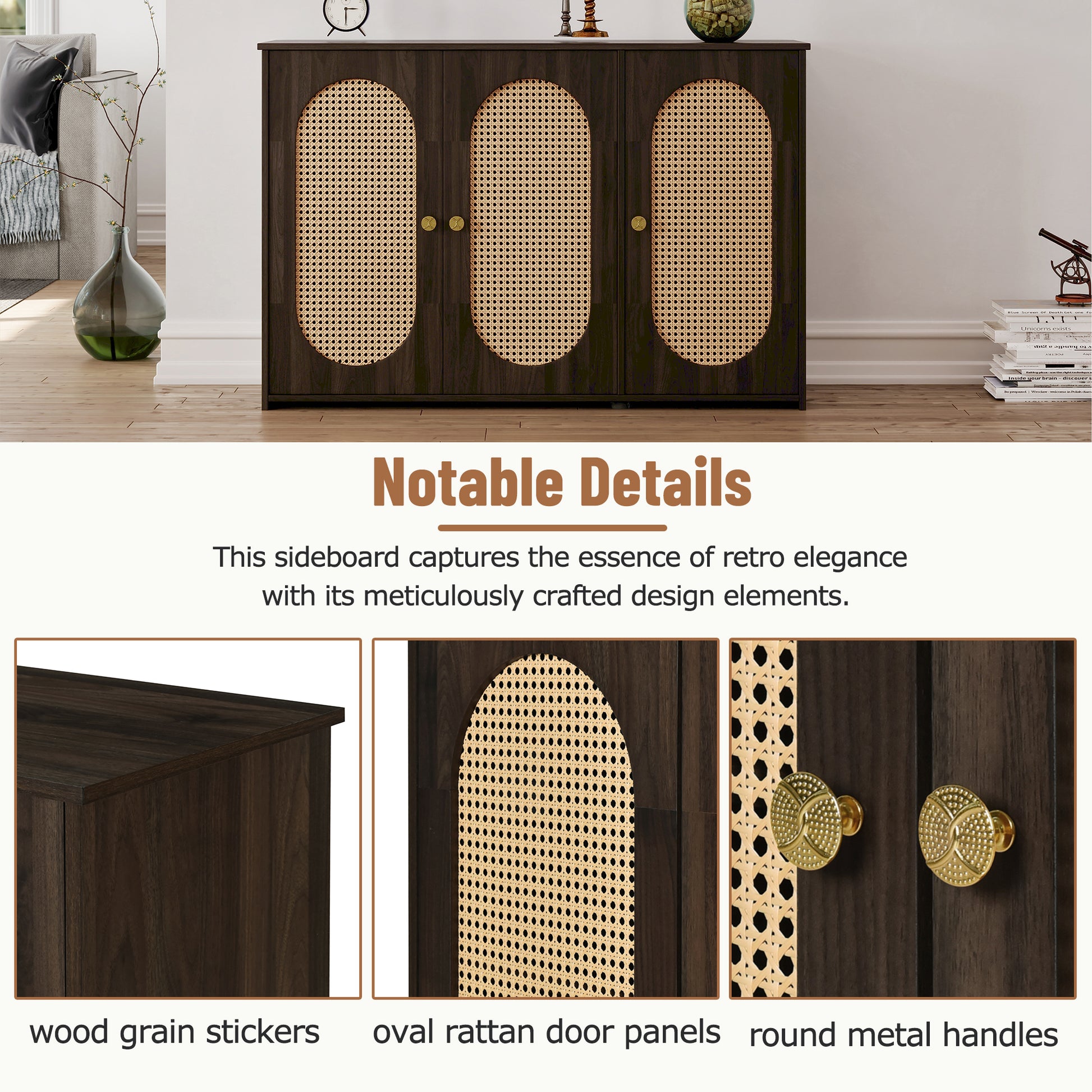 Retro 3 Door Sideboard With Large Storage Space Artificial Rattan Doors And Metal Handles, Accent Cabinet For Living Room And Hallway Brown Brown Particle Board Mdf