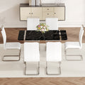 Table And Chair Set.A Rustic Industrial Rectangular Mdf Black Dining Table With Mdf Desktop And Electroplated Silver Metal Legs.Paried With 6 Chairs With Pu Cushion And Metal Legs. White Black Seats 6 Mdf Metal