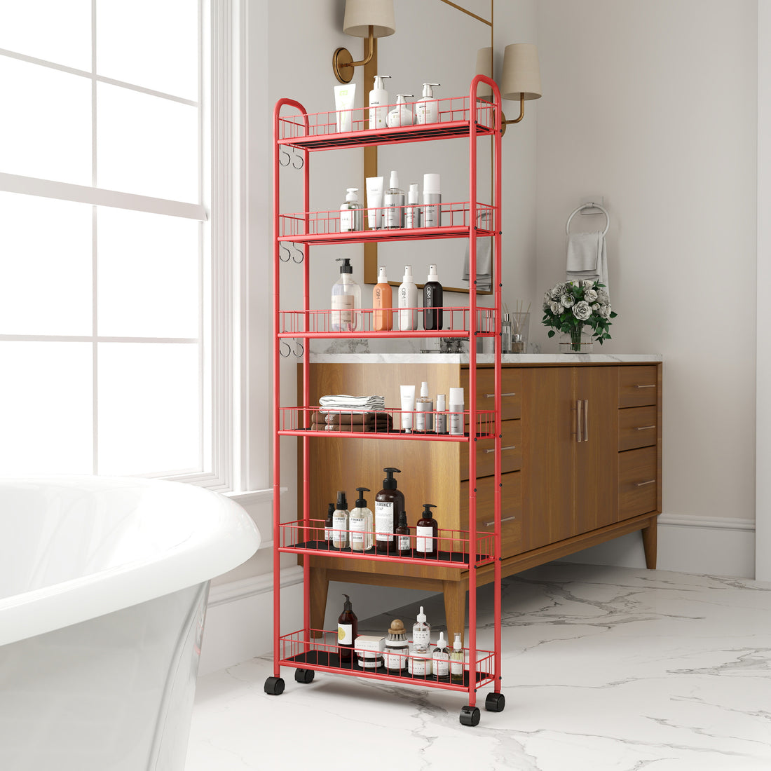 Red 6 Tier Rolling Cart Gap Kitchen Slim Slide Out Storage Tower Rack With Wheels,6 Baskets,Kitchen,Bathroom Laundry Narrow Piaces Utility Cart Red Kitchen American Design,American Traditional Metal