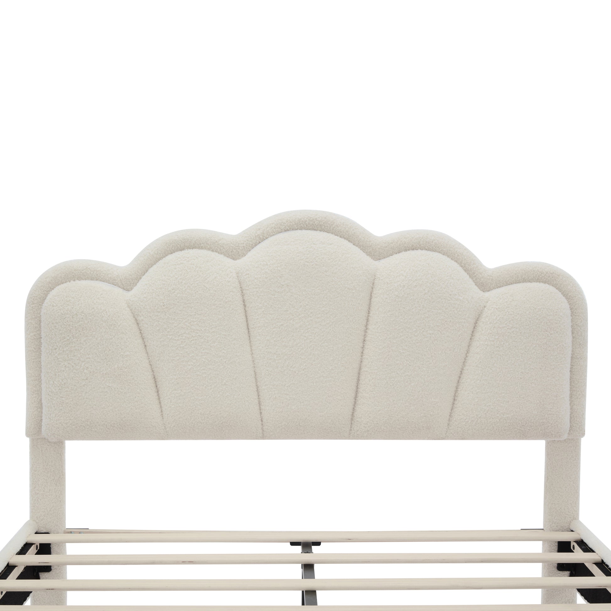 Full Size Upholstered Flower Shape Bed, Elegant Flowers Headboard With Led Light Strip, Sherpa Fabric Platform Bed With Wooden Slats Support, White Full White Wood