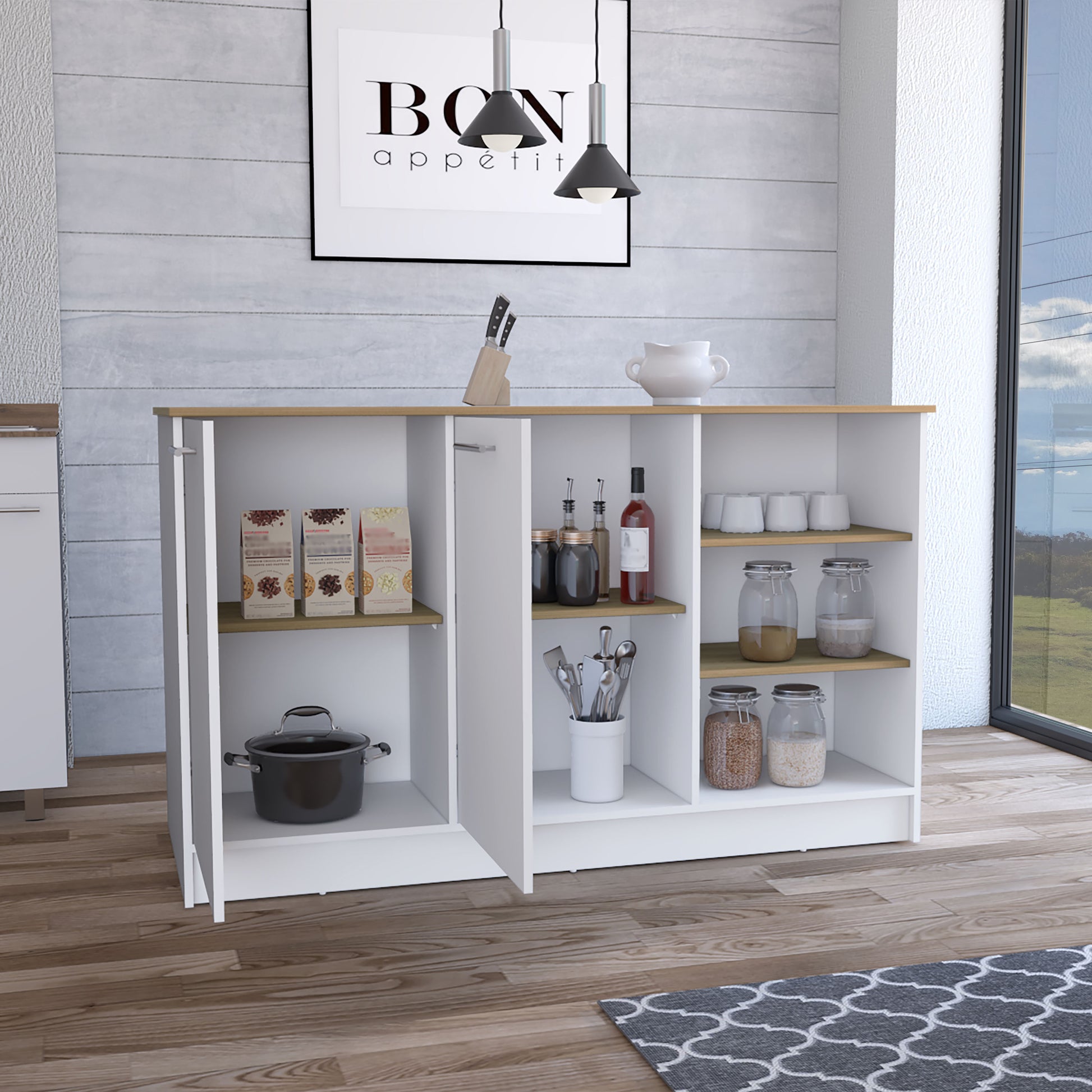 Kitchen Island Two Cabinets, Three Open Shelves, White Natural Oak Multicolor Solid Wood Mdf Engineered Wood