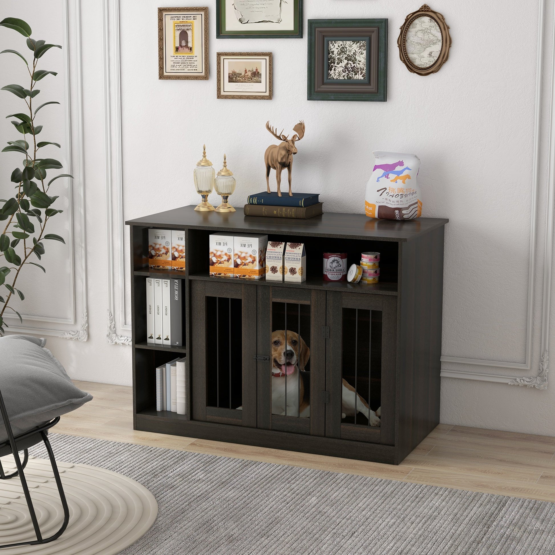 Pawhut Dog Crate Furniture With Adjustable Shelf, Dog Crate End Table, Indoor Pet Crate For Medium And Large Dogs, With Large Flat Surface, 47" X 23.5" X 35", Brown Brown Steel