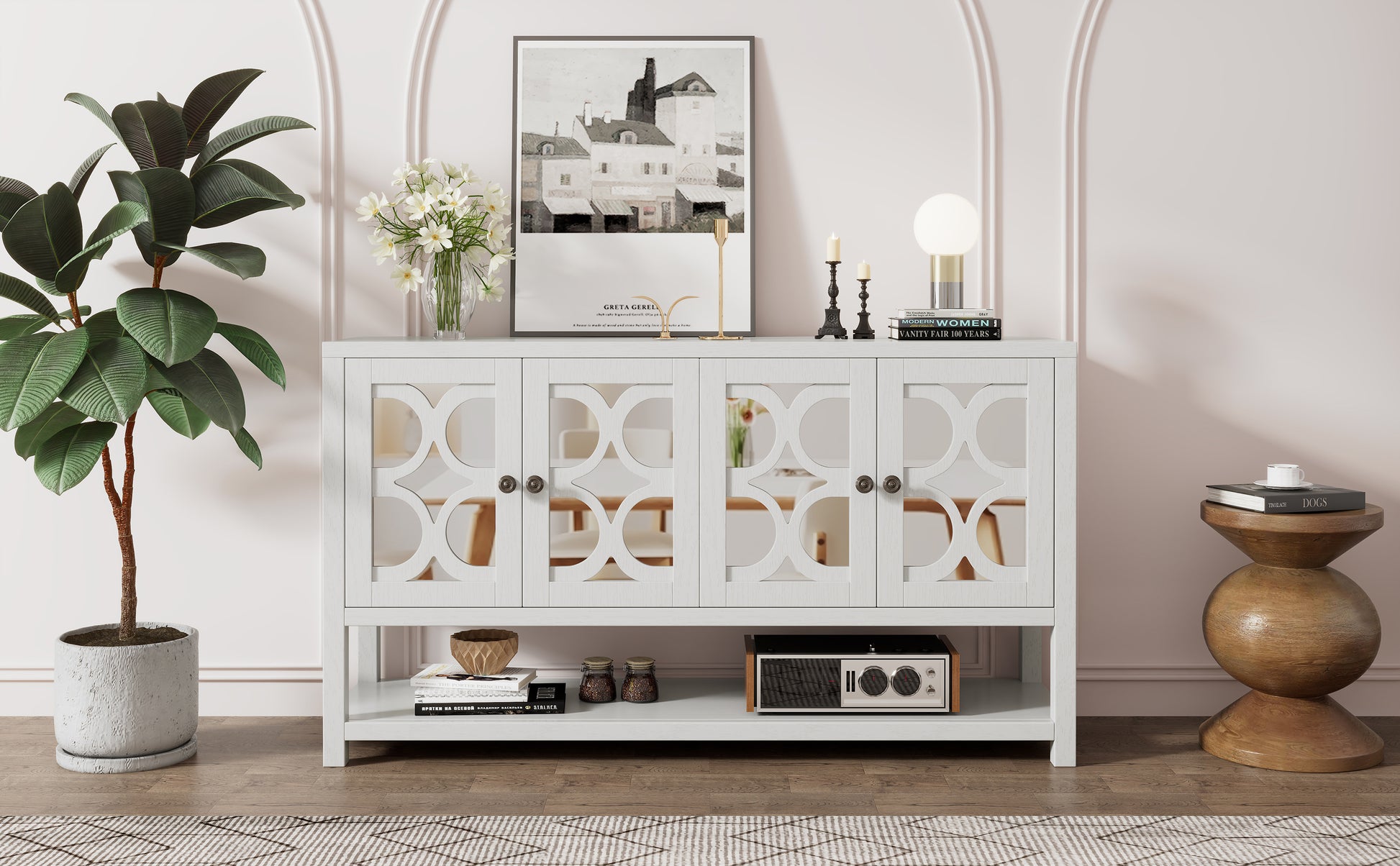 Elegant Retro Console Table Storage Cabinet Sideboard With Mirrored Doors, Spacious Shelves, And Durable Acacia Wood Legs Perfect For Living Room, Dining Room, Or Entryway Antique White Antique White Primary Living Space Solid Wood Mdf