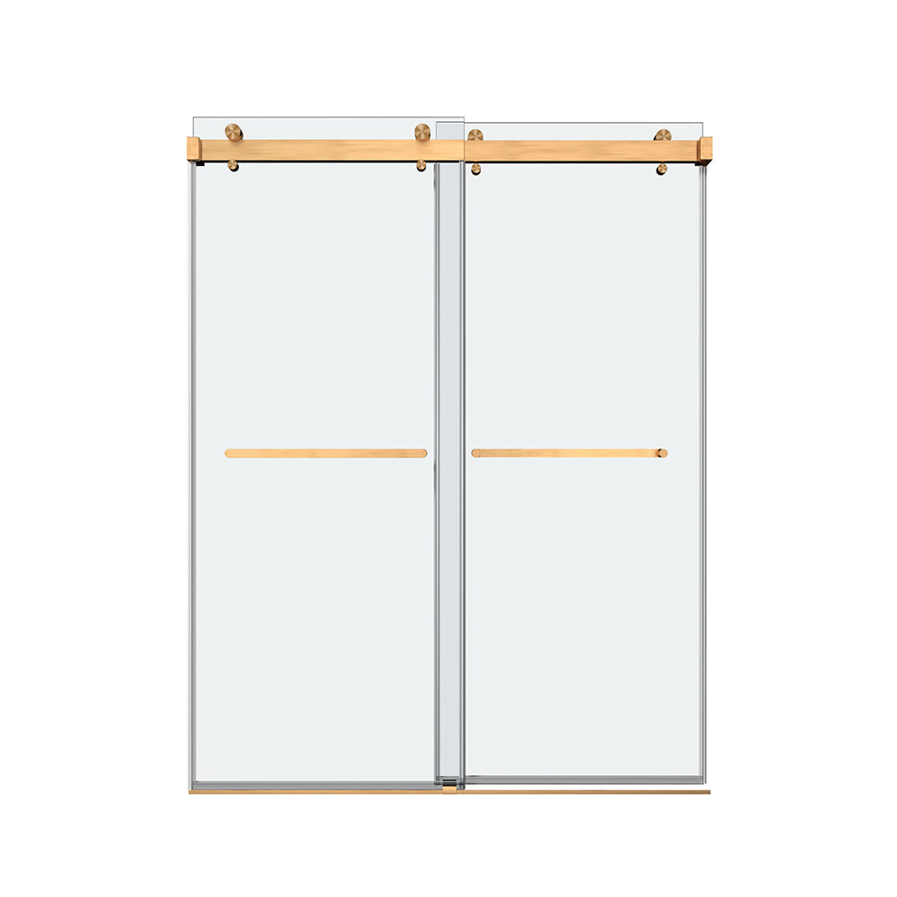 50'' 54'' W X 76'' H Double Sliding Frameless Shower Door With 3 8 Inch 10Mm Clear Glass In Brushed Gold Brushed Gold Stainless Steel