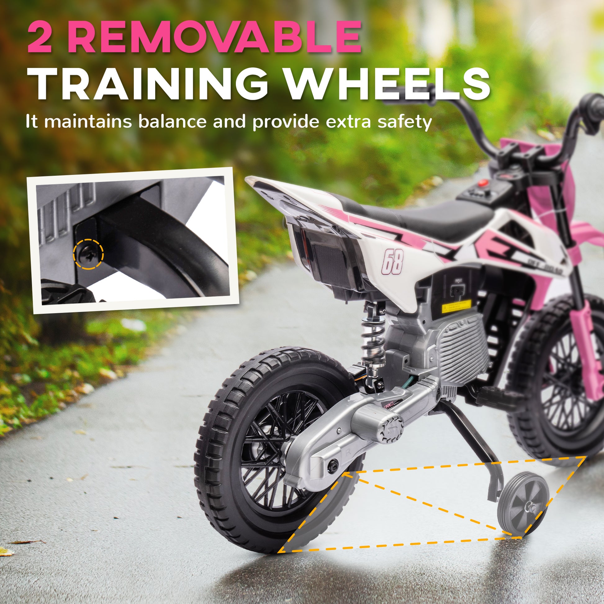 Qaba Kids Dirt Bike With Twist Grip Throttle, 12V Electric Motorcycle, Electric Bike For Toddler With Training Wheels, Rear Suspension & Music For Ages 3 6 Years, Pink Pink Plastic