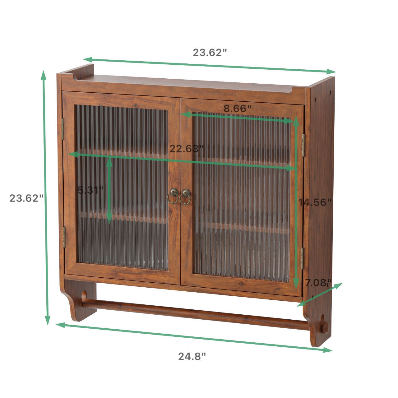 24.8"Glass Door Vintage Double Door Wall Cabinet With Three Tiers Of Storage With Towel Rack, For Bathroom, Kitchen,Dining Room,Brown Brown Glass