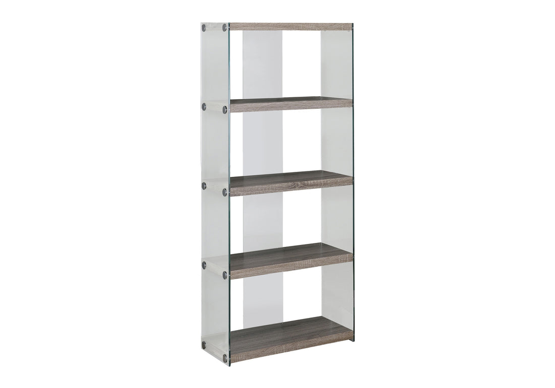 Bookshelf, Bookcase, Etagere, 5 Tier, 60"H, Office, Bedroom, Clear Tempered Glass, Brown Laminate, Contemporary, Modern Taupe Particle Board