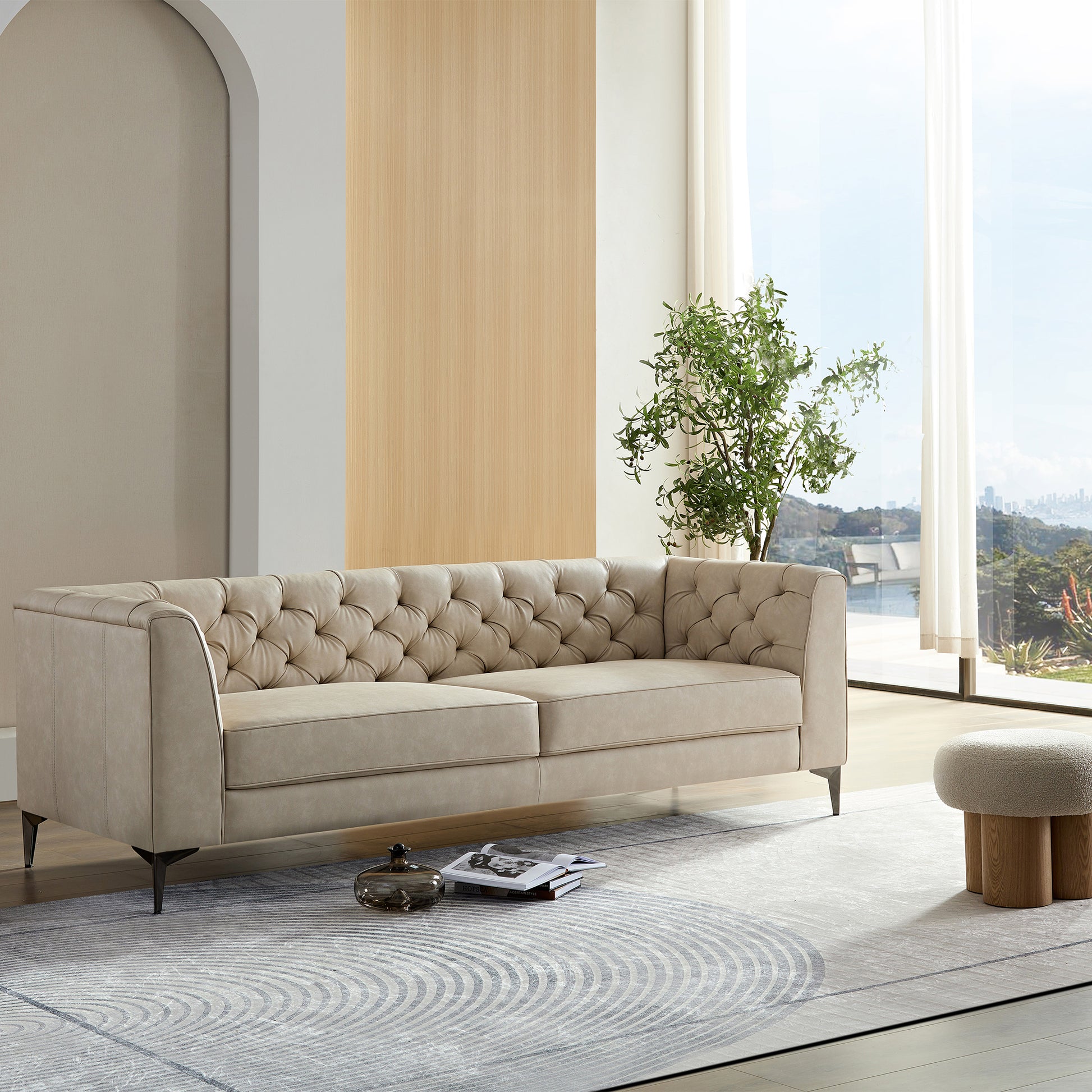 Wks5G Elegant Beige Leather Main Color, The Sofa Presents A Calm And Elegant Appearance Beige Leather 3 Seat