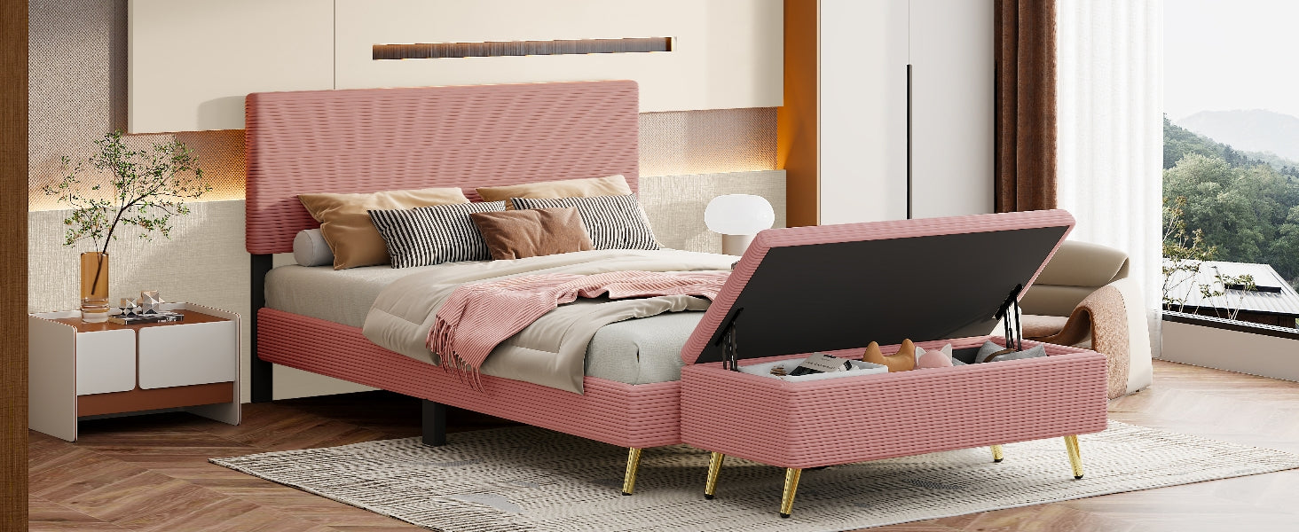 2 Pieces Bedroom Sets Queen Size Upholstered Bed Frame, Modern Corduroy Storage Ottoman,Pink Queen Pink 2 Piece Set Solid Wood Mdf
