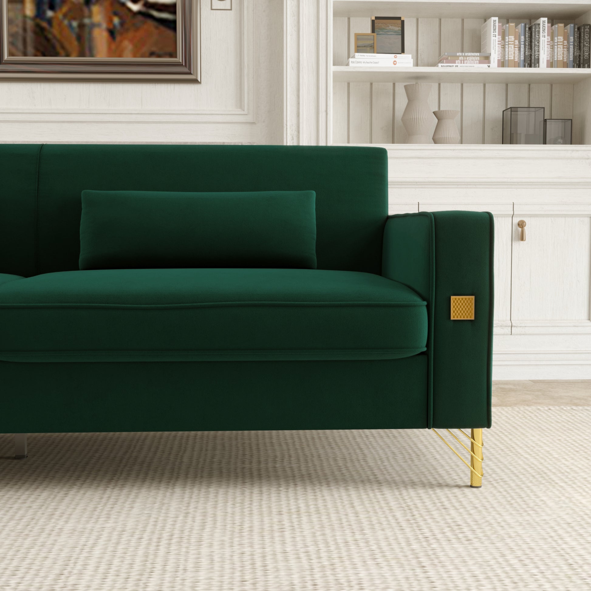 Fx P18 Rg2 Sofa Luxury Emerald Green Velvet Sofa With Gold Accents Modern 3 Seat Couch With Plush Cushions, Perfect For Living Room And Office Decor Retro Green Velvet 2 Seat