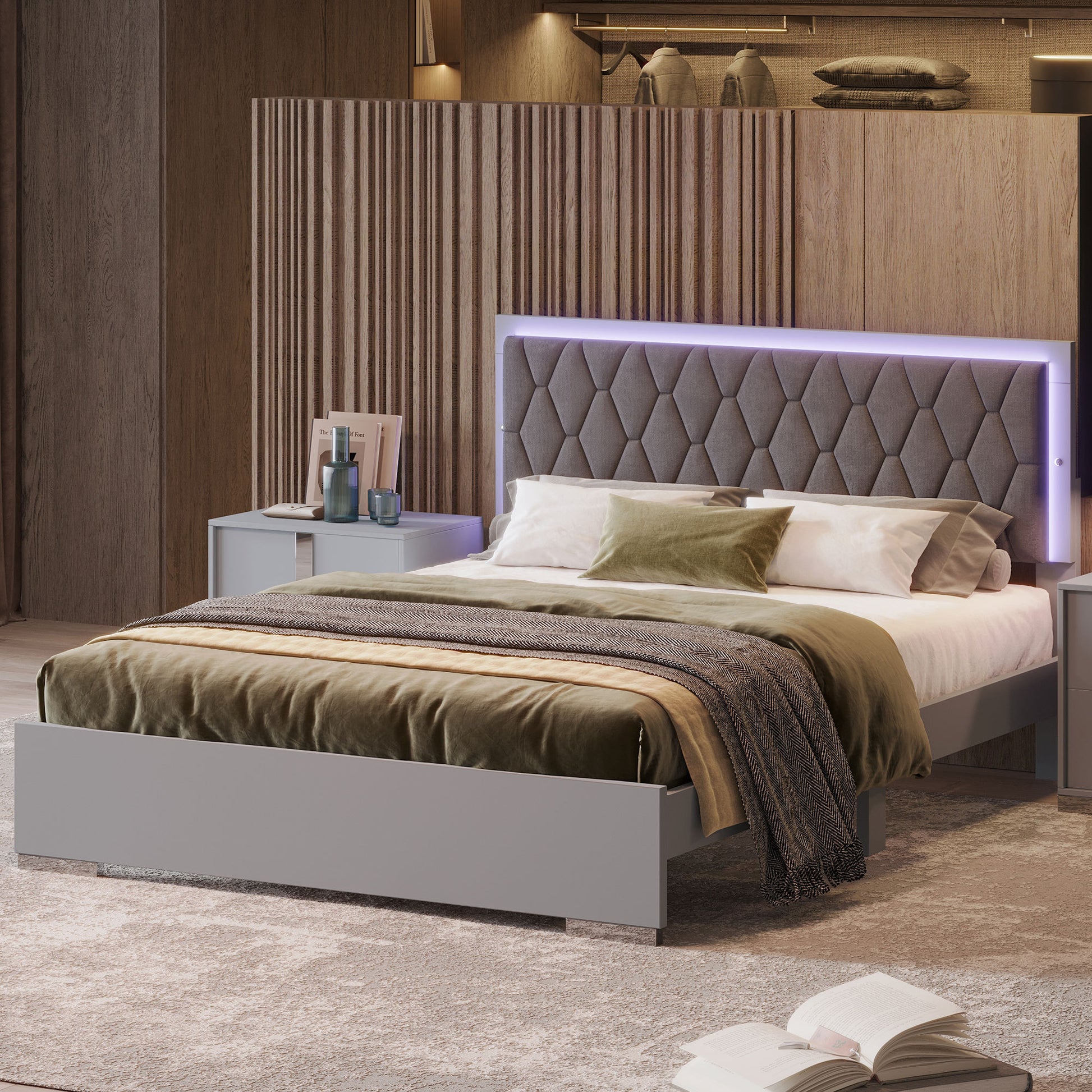 Queen Size Upholstered Bed With Led Lights,Modern Platform Bed With Velvet Headboard,Grey Queen Grey Mdf