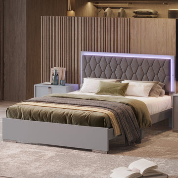 Queen Size Upholstered Bed With Led Lights,Modern Platform Bed With Velvet Headboard,Grey Queen Grey Mdf