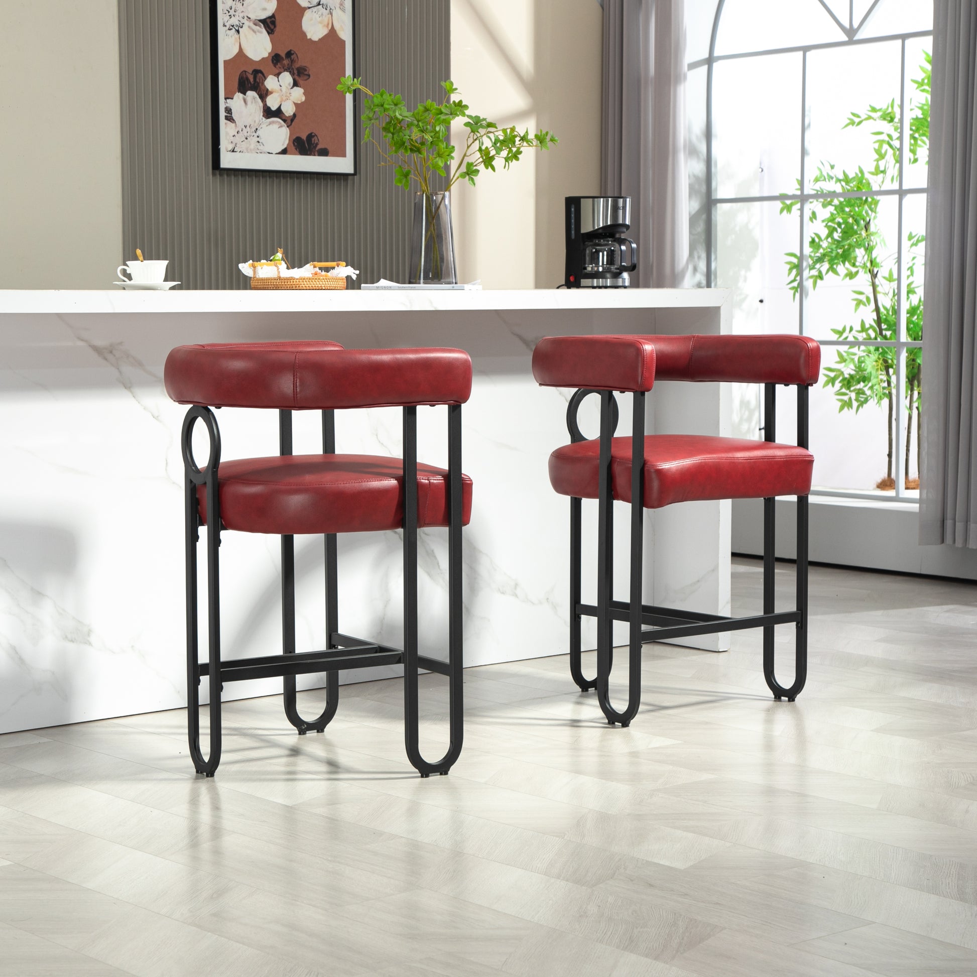 Coolmore Bar Stools Set Of 2, Modern Bar Stool With Back, Black Metal Frames, Upholstered Bar Stools For Kitchen Island, Pub, Club Wine Red Pu Wine Red Dining Room Foam Pu Leather