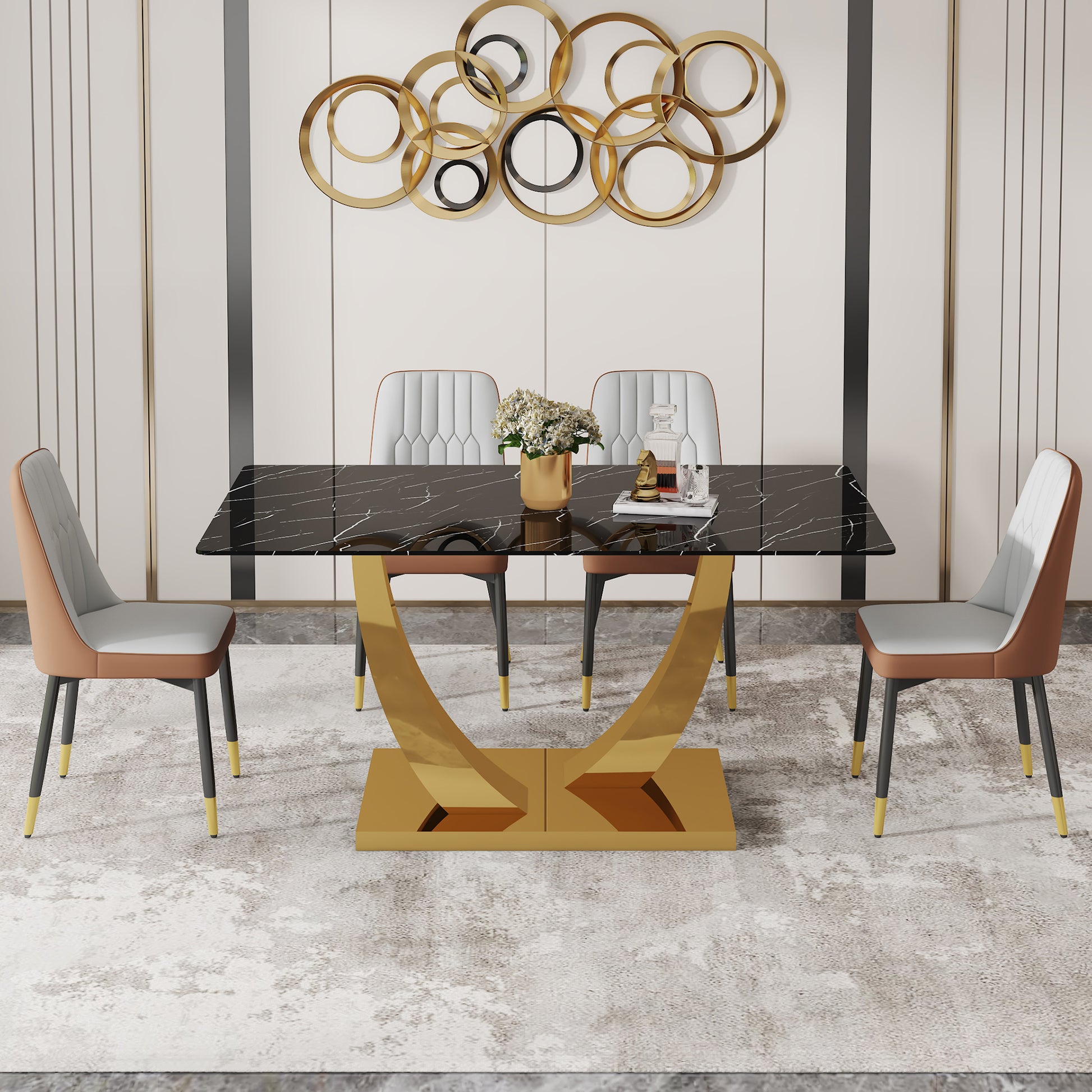 Table And Chair Set.Modern Rectangular Dining Table With Black Textured Stickers Glass Tabletop And Gold Plated Metal Legs.Paried With 4 Comfortable Chairs With Pu Seats And Black Metal Legs. Black Gold,Brown,Light Gray Seats 4 Glass Metal