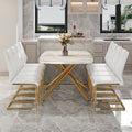 Table And Chair Set.Modern Luxurious Tempered Glass Dining Table Set With Gold Metal Legs And 8 Pu Chairs.White Marble Patterned Sticker Tabletop,White Chairs With Gold Metal Legs. White Gold Seats