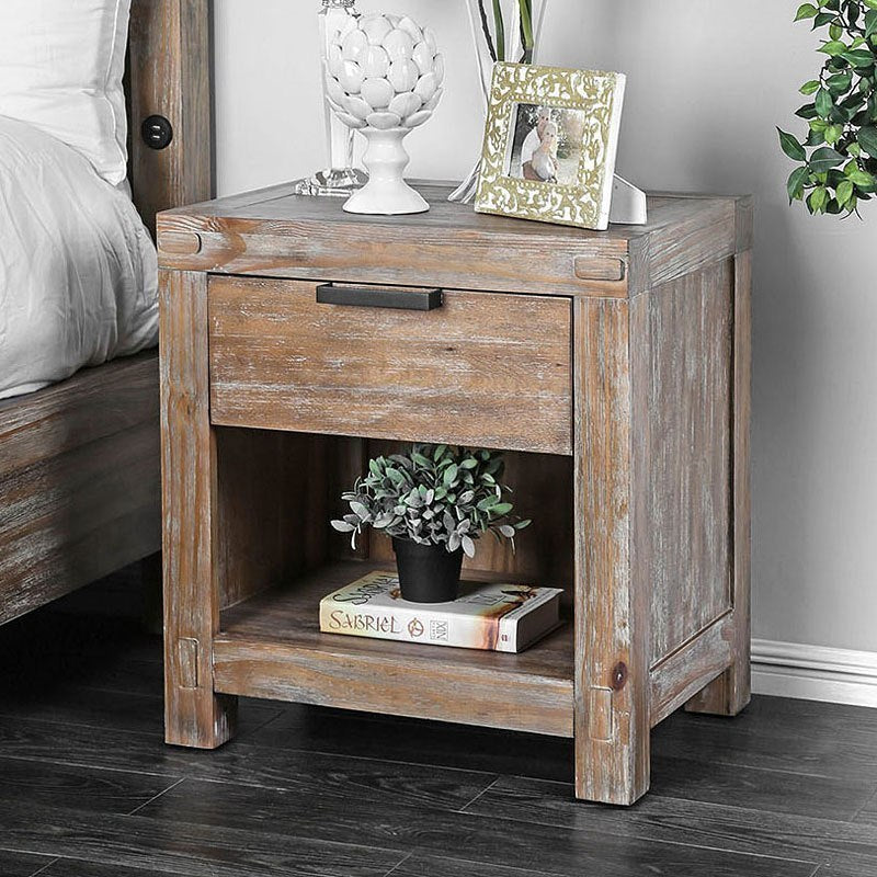 Rustic Weathered Light Oak 1Pc Nightstand Black Bar Pull Bedroom Furniture Bedside Table 1 Drawer Light Oak 1 Drawer Bedroom Bedside Cabinet Contemporary,Modern Solid Wood Solid Wood