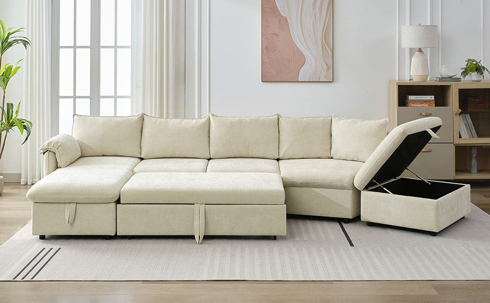 146.9" L Shaped Sofa Sectional Sofa Couch Pull Out Sofa Bed With A Movable Storage Ottoman, A Storage Chaise Lounge And Two Usb Ports For Living Room, Beige Beige Foam Linen 5 Seat