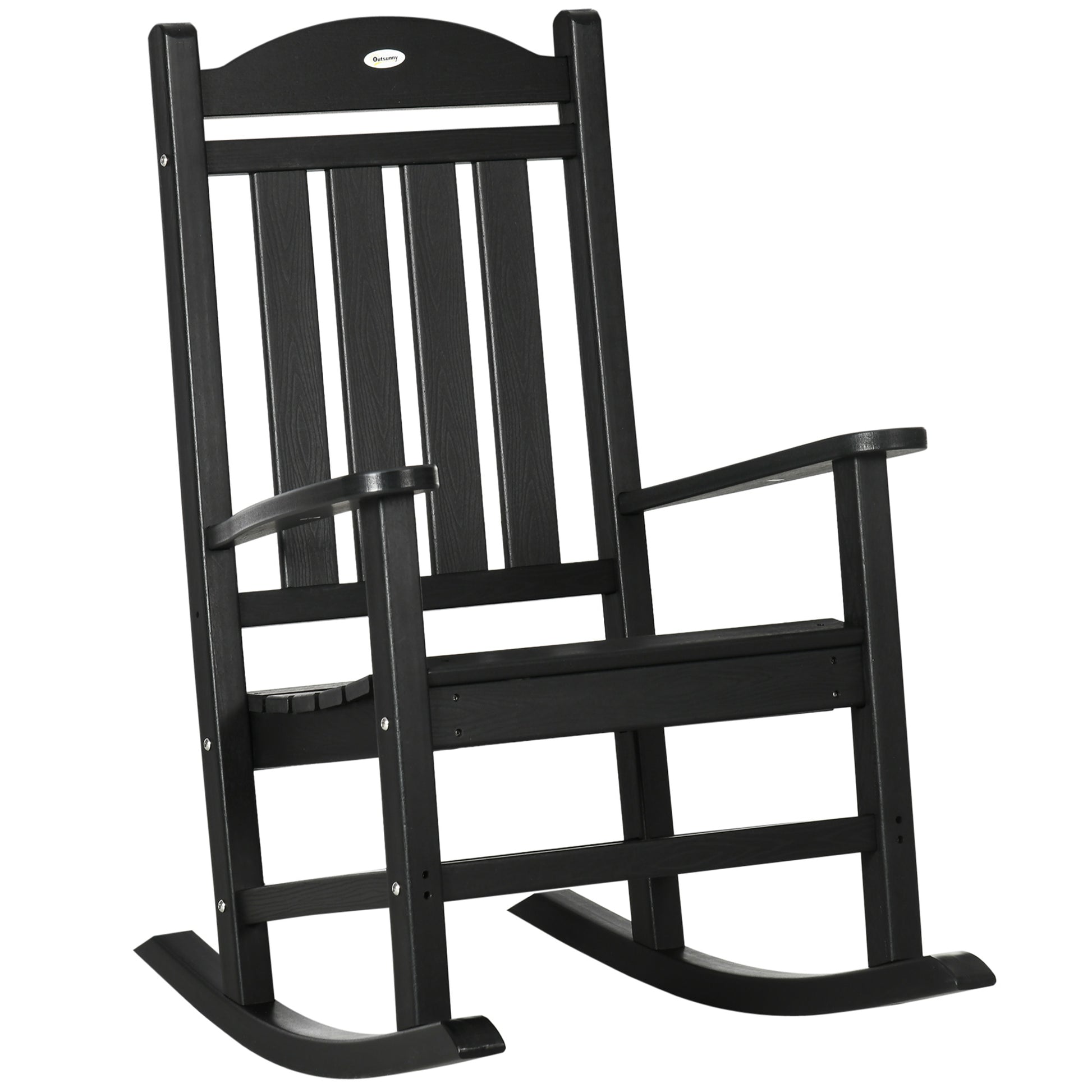 Outsunny Outdoor Rocking Chair, All Weather Resistant Hdpe Rocking Patio Chairs With Rustic High Back, Armrests, Oversized Seat And Slatted Backrest, 350Lbs Weight Capacity, Black Black Plastic