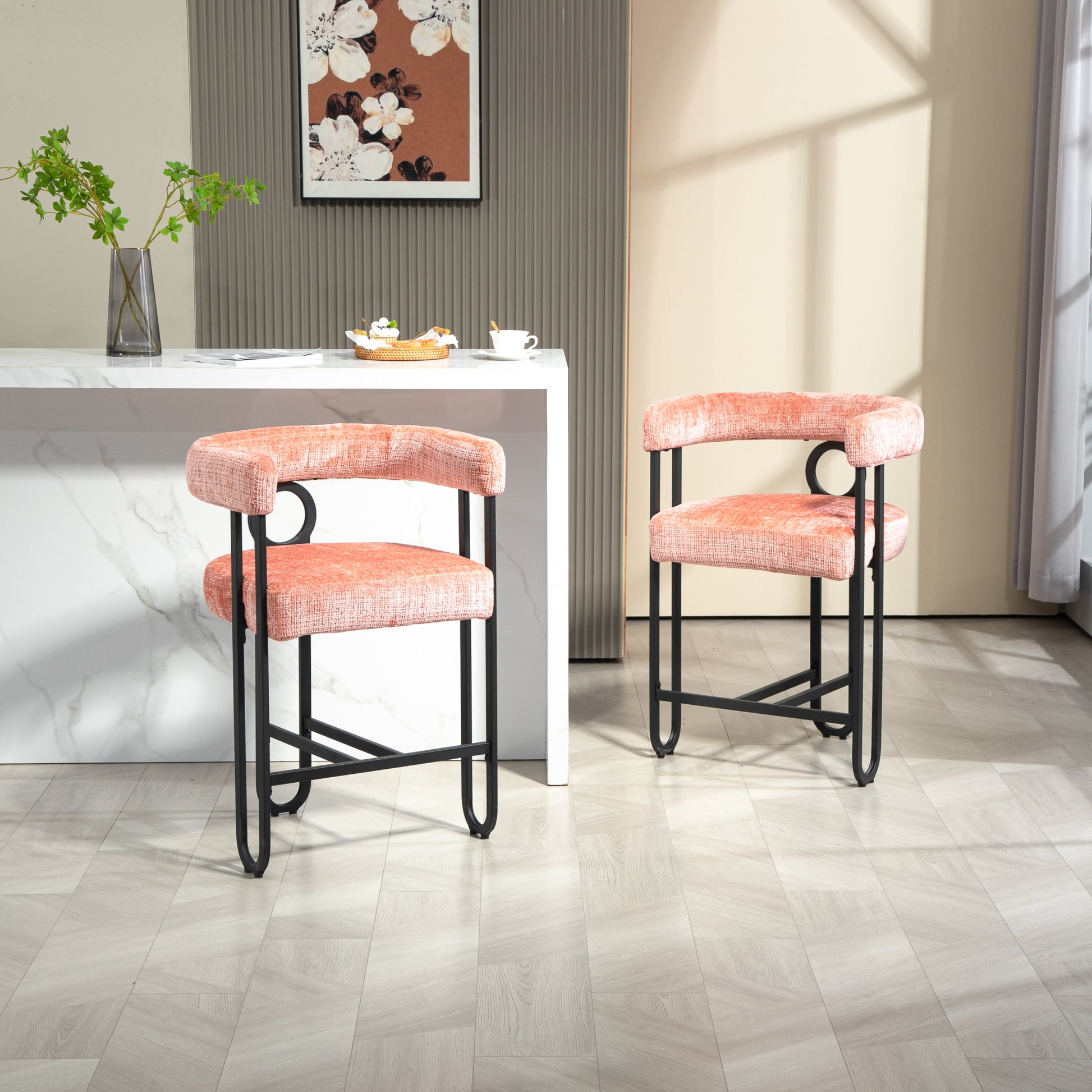 Coolmore Bar Stools Set Of 2, Modern Bar Stool With Back, Black Metal Frames, Upholstered Bar Stools For Kitchen Island, Pub, Club Pink Chenille Pink Dining Room Foam Chenille