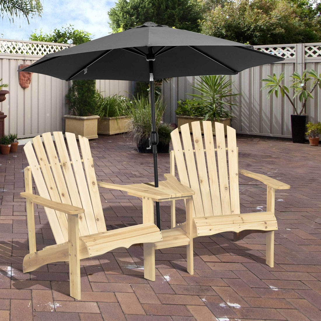 Outsunny Wooden Adirondack Chair For Two, Outdoor Fire Pit Chair Set With Table & Umbrella Hole, Patio Chairs For Deck Lawn Pool Backyard, Natural Natural Wood