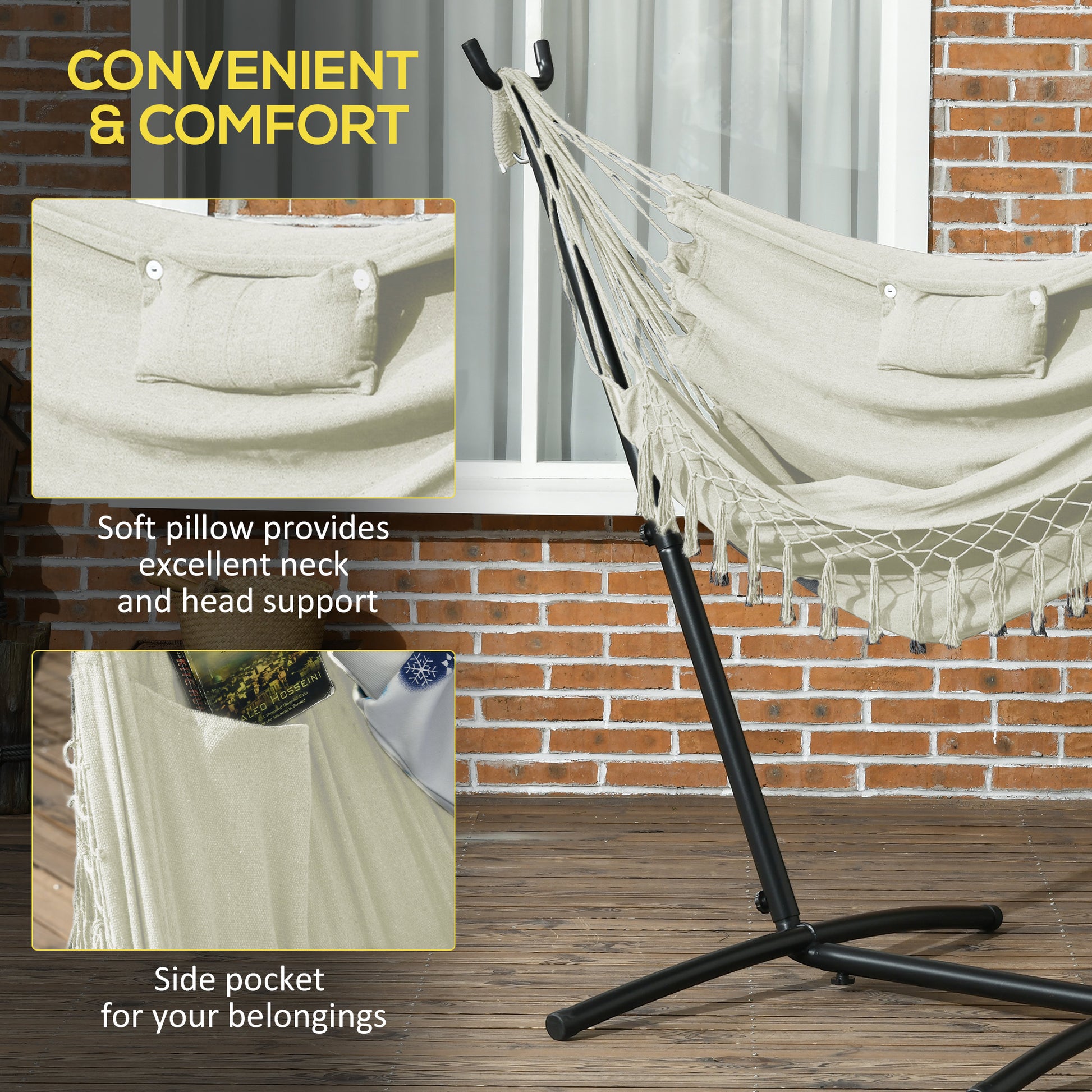 Outsunny Patio Hammock Chair With Stand, Outdoor Hammock Swing Hanging Lounge Chair With Side Pocket And Headrest, Cream White White Steel