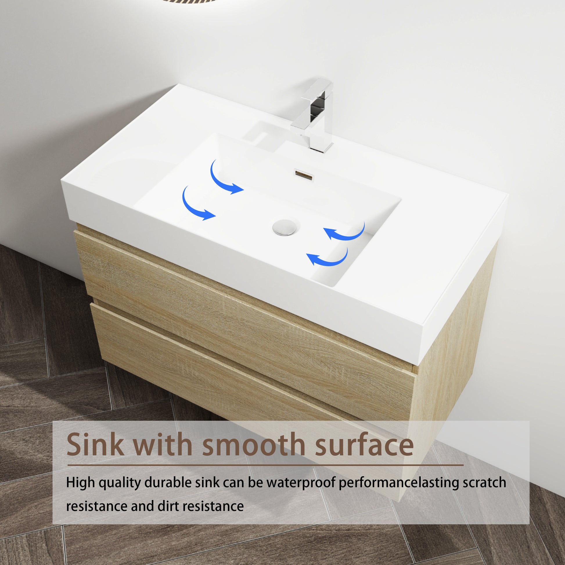 36" Wall Mounted Bathroom Vanity With Resin Sink, 2 Soft Close Drawers, Kd Package 2 Light Oak Bathroom Wall Mounted Modern Plywood