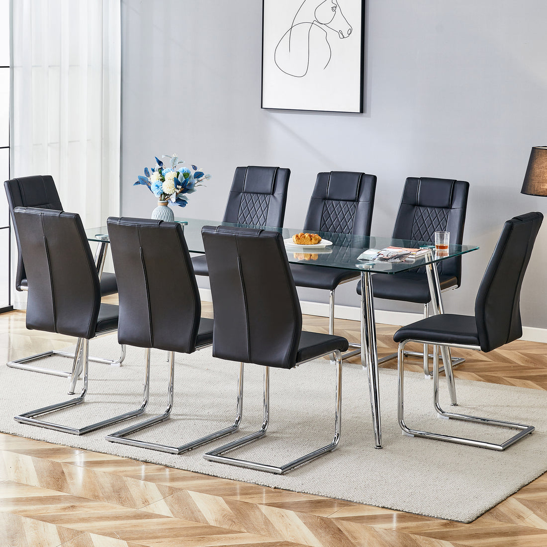 Table And Chair Set.Modern Rectangular Glass Dining Table With A Tempered Glass Tabletop And Silver Metal Legs, Paired With Multiple Chairs Designed With Pu Cushions And Silver Metal Legs. Black Silver Seats 8 Tempered Glass
