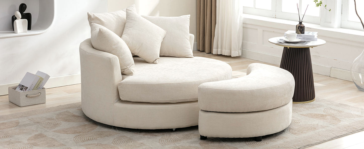 Orisfur. 360 Swivel Accent Barrel Chair With Storage Ottoman & 4 Pillows, Modern Chenille Leisure Chair Round Accent For Living Room, Cream Cream Foam Chenille