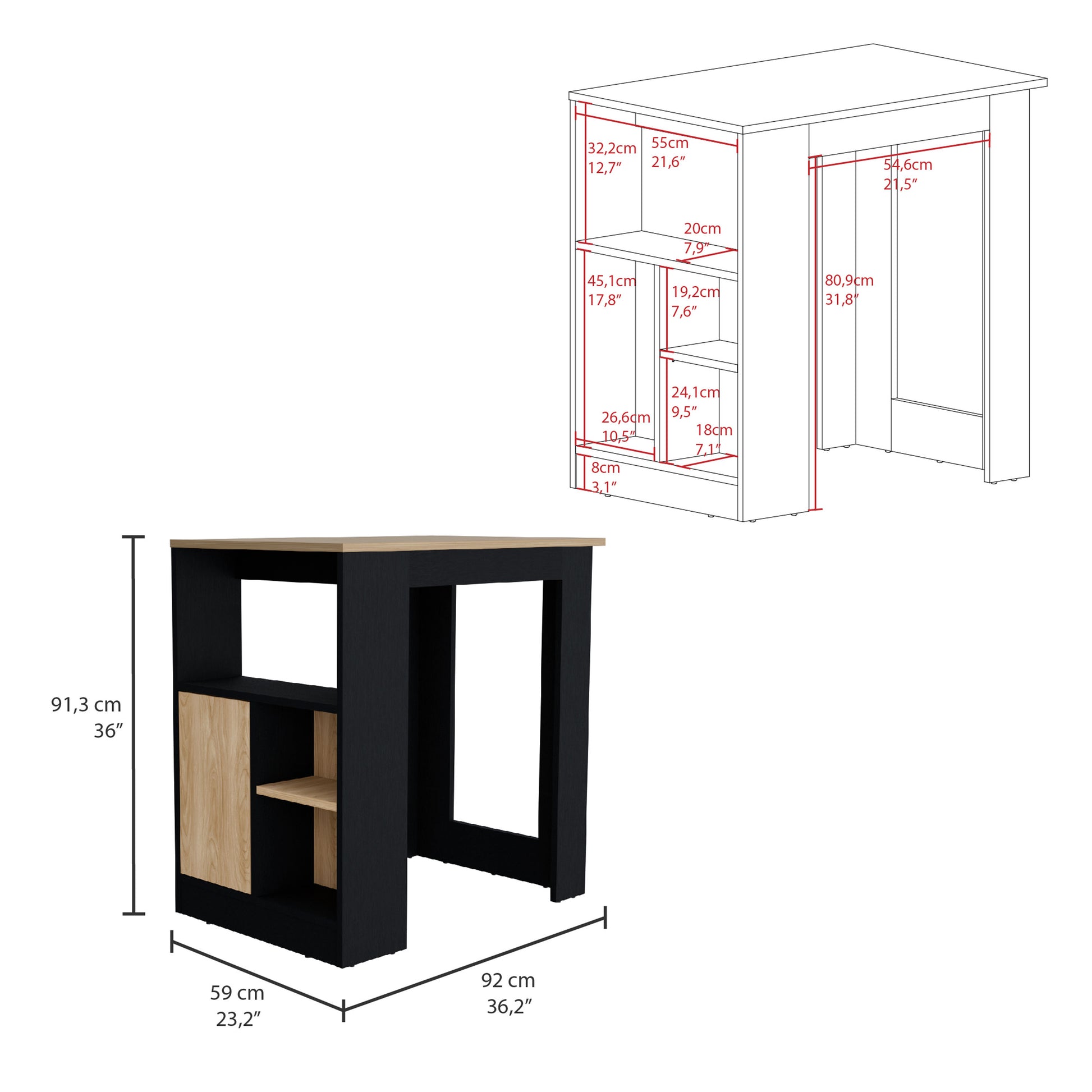 Stirling Kitchen Island With 1 Door Cabinet Push To Open System And Side Shelves Black Natural Oak Black Particle Board