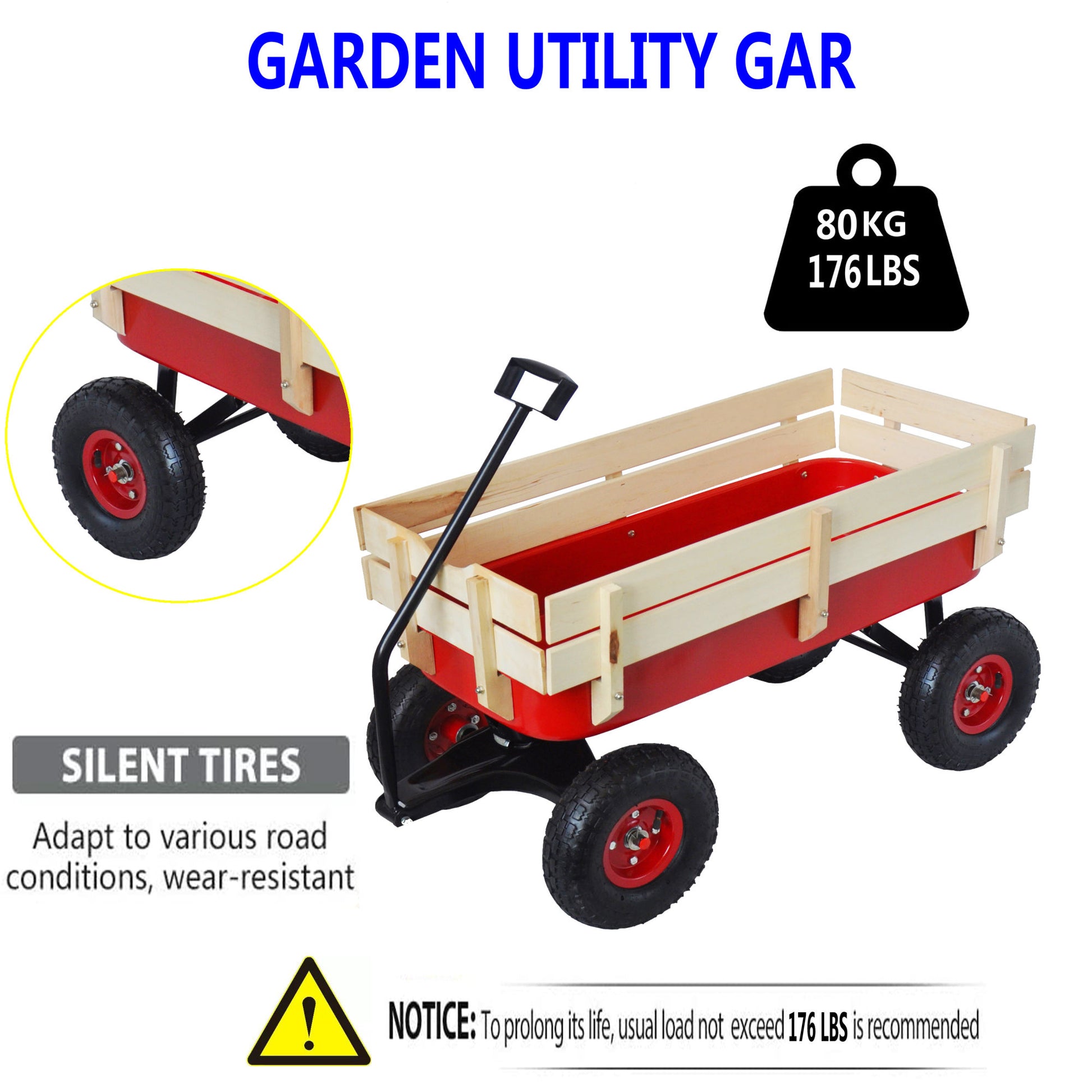 Outdoor Wagon All Terrain Pulling W Wood Railing Air Tires Children Kid Garden Red Steel