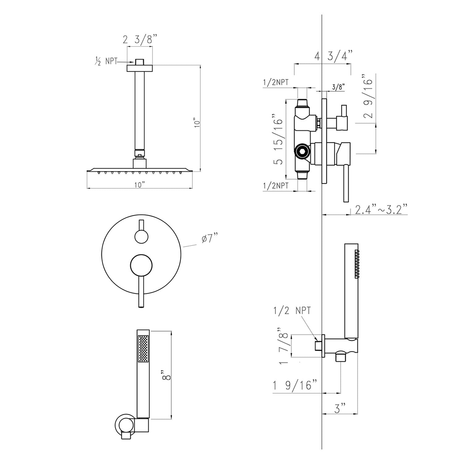 10" Round Rainfall And Handheld Shower System With 2 Handle Temperature And Flow Control In Brushed Nickel Brushed Nickel Brass