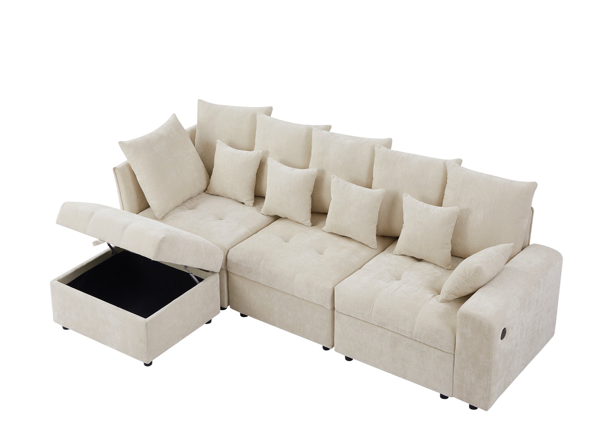 96.45"Sectional Sofa Modular Sofa Couch With Three Usb Ports, A Removable Storage Ottoman And Five Back Pillows For Living Room, Beige Beige Foam Chenille 4 Seat