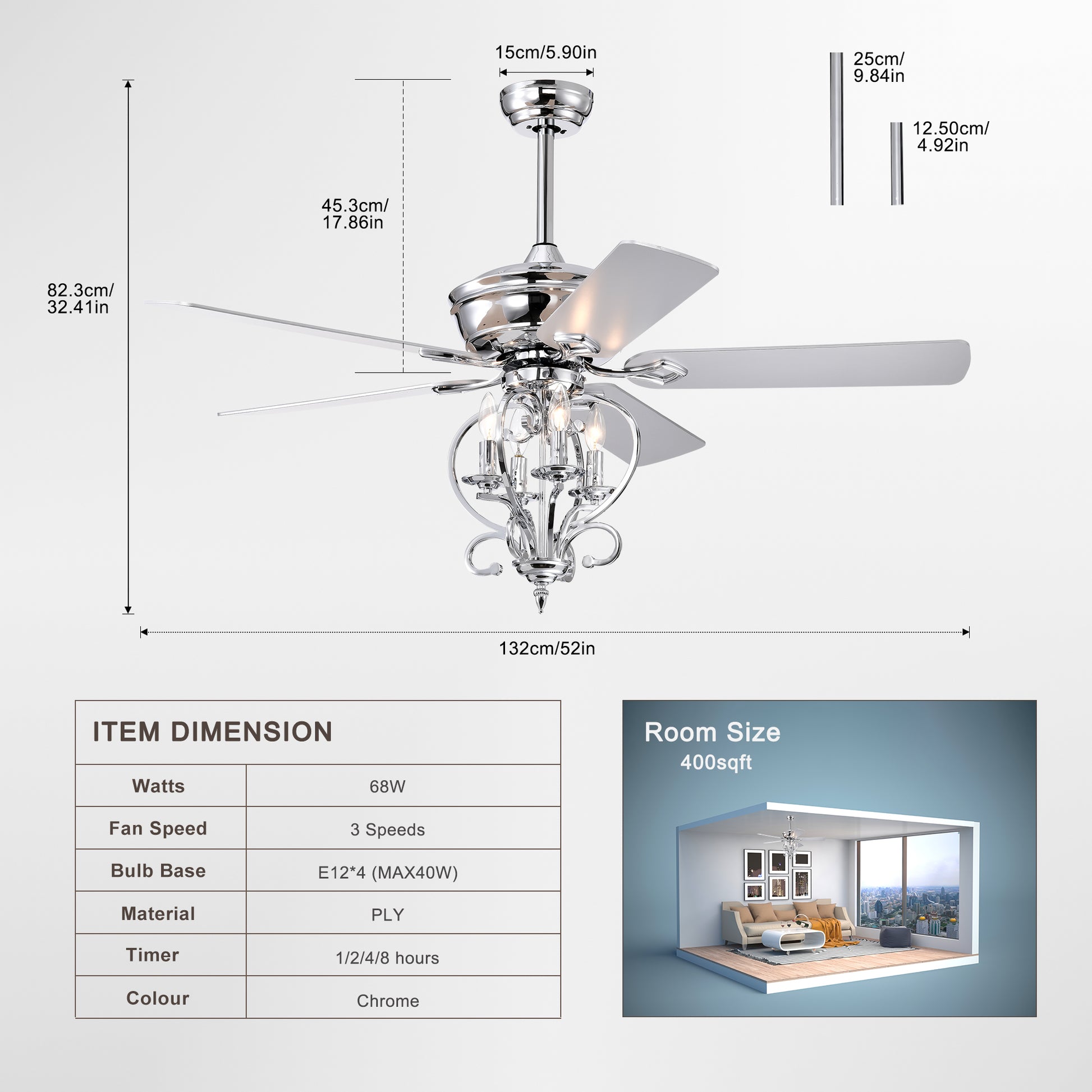 52 Inch 4 Lights Ceiling Fan With 5 Wood Blades, Two Color Fan Blade, Ac Motor, Remote Control, Reversible Airflow, 3 Speed, Adjustable Height, Traditional Ceiling Fan For Home Decorate Silver Silver Traditional Wood Metal