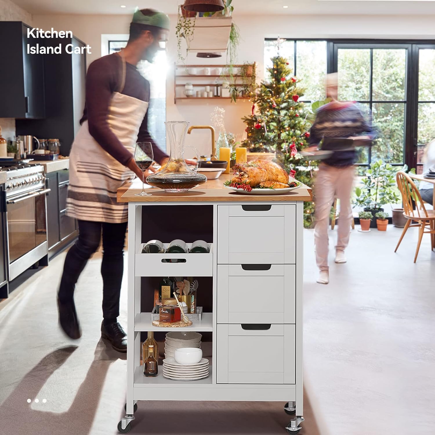 Rolling Portable Small Kitchen Island Cart On Wheels With Solid Wood Top, Dining Room Serving Utility Carts Mobile Movable With 3 Drawers And Storage Shelves Cabinet, White White White Dining Room American Design Rectangular Kitchen Island Sets Mdf Small