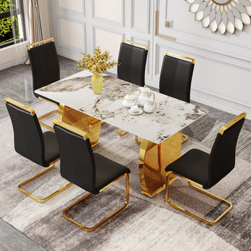 Table And Chair Set, Rock Plate Table Top, Gold Metal Table Legs, Stable And Beautiful, Suitable For Most Home Styles. Modern Simple Dining Table, Comfortable Seating. Black Gold Seats 6 Sintered Stone